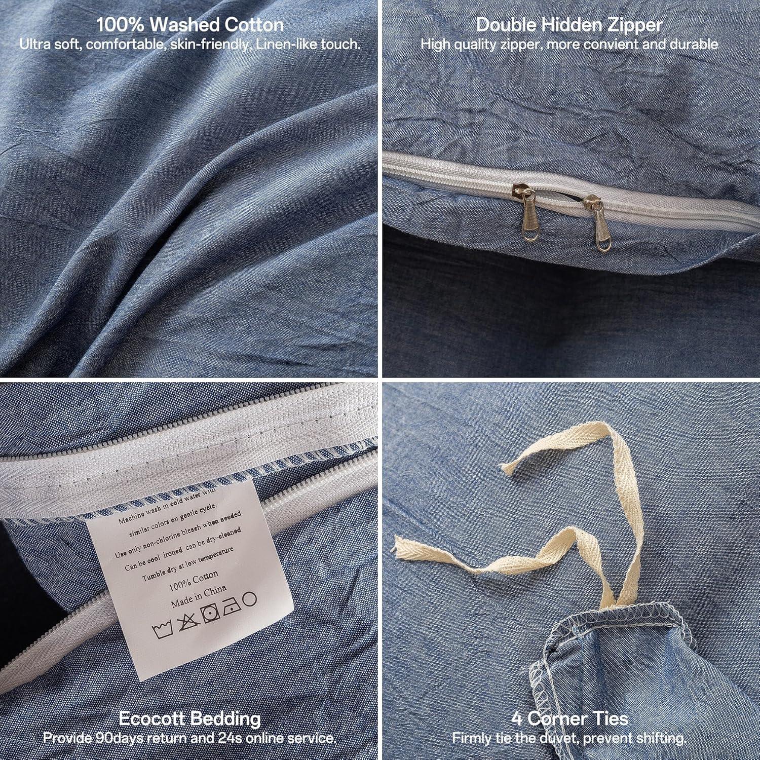ECOCOTT Denim Blue Duvet Cover King Size, 100% Washed Cotton 1 Duvet Cover with Zipper and 2 Pillowcases, Ultra Soft and Easy Care Breathable Cozy Bedding Set (Denim Blue, King)