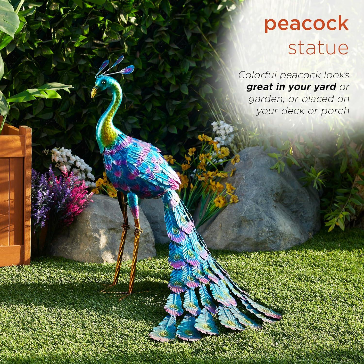 28" Metal Peacock Outdoor Decor With Glossy Finish Statue - Alpine Corporation: Garden Art, No Battery Required