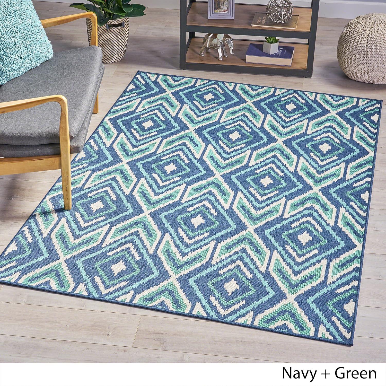 Navy and Green Geometric Rectangular Area Rug