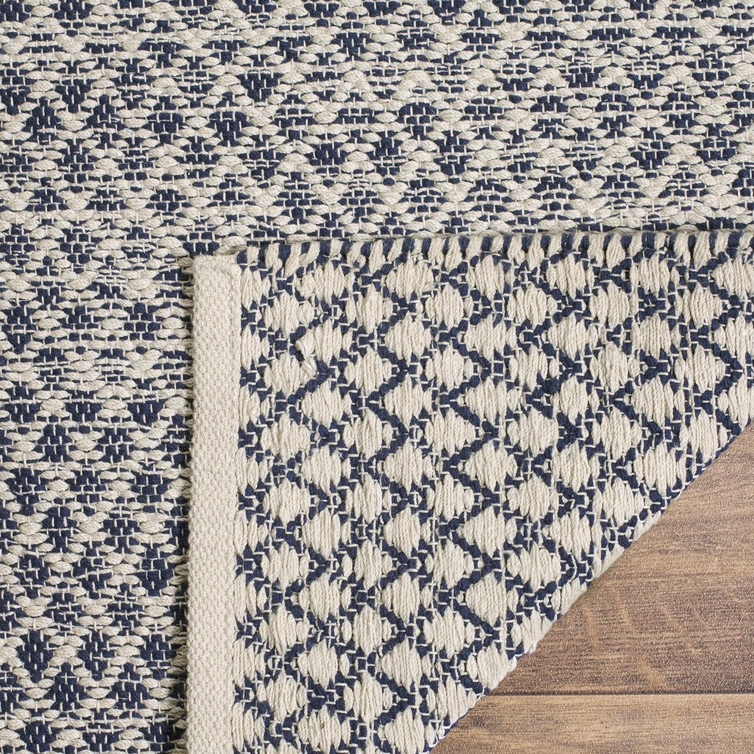 Ivory and Navy Hand-Woven Cotton Square Rug