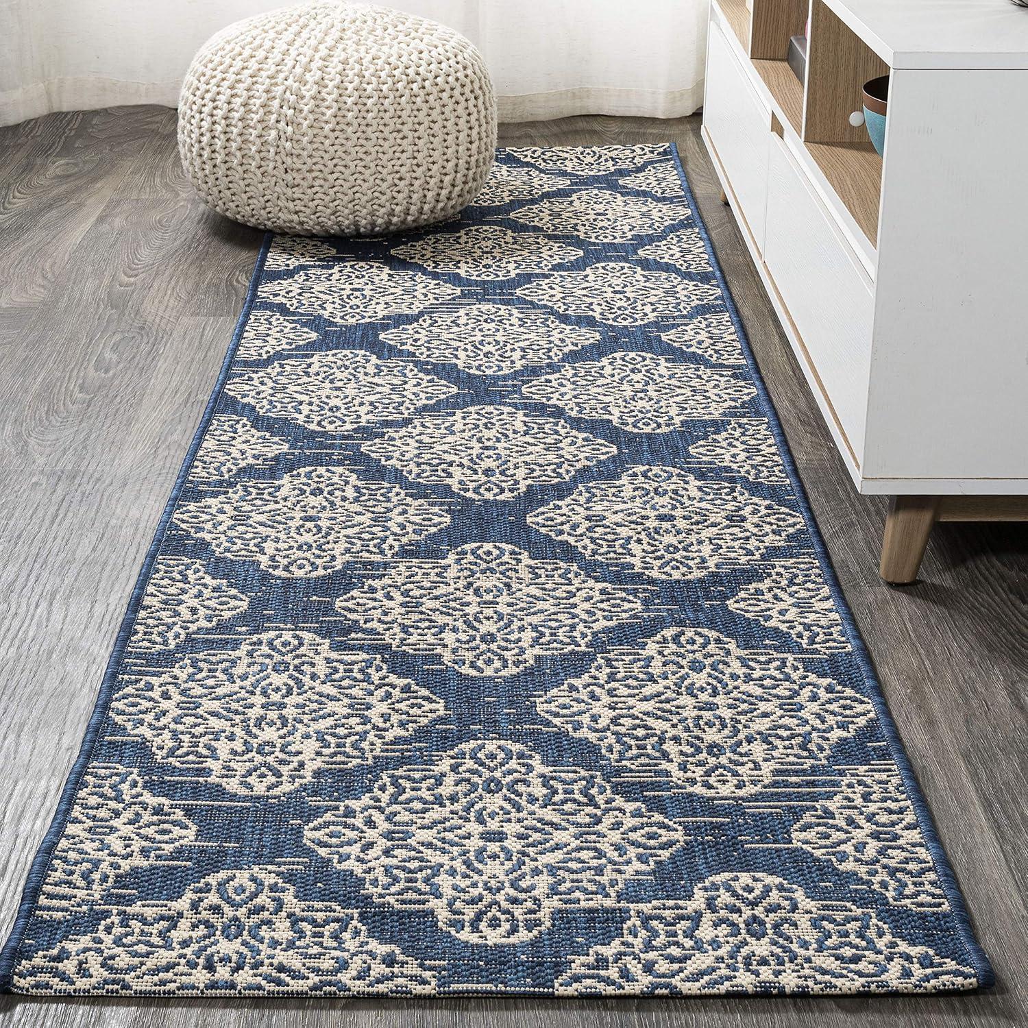 JONATHAN Y SMB121A-28 Tuscany Ornate Medallions Navy/Beige 2 ft. x 8 ft. Indoor/Outdoor Runner Rug, Casual, Pet Friendly, Stain Resistant, Easy to Clean, for Patio, Living Room; Kitchen, Bedroom