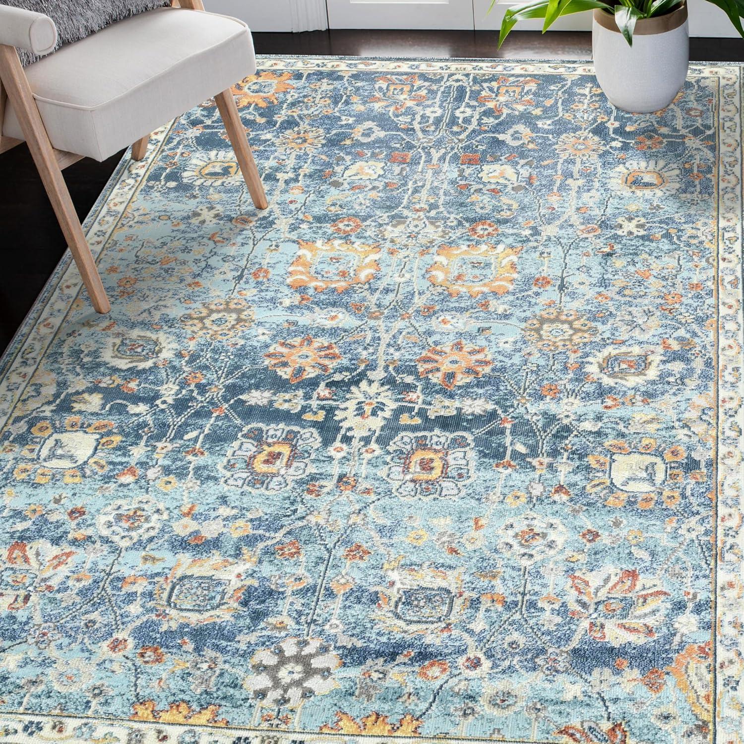 Bohemian Blue and Beige Synthetic 5' x 7' Area Rug