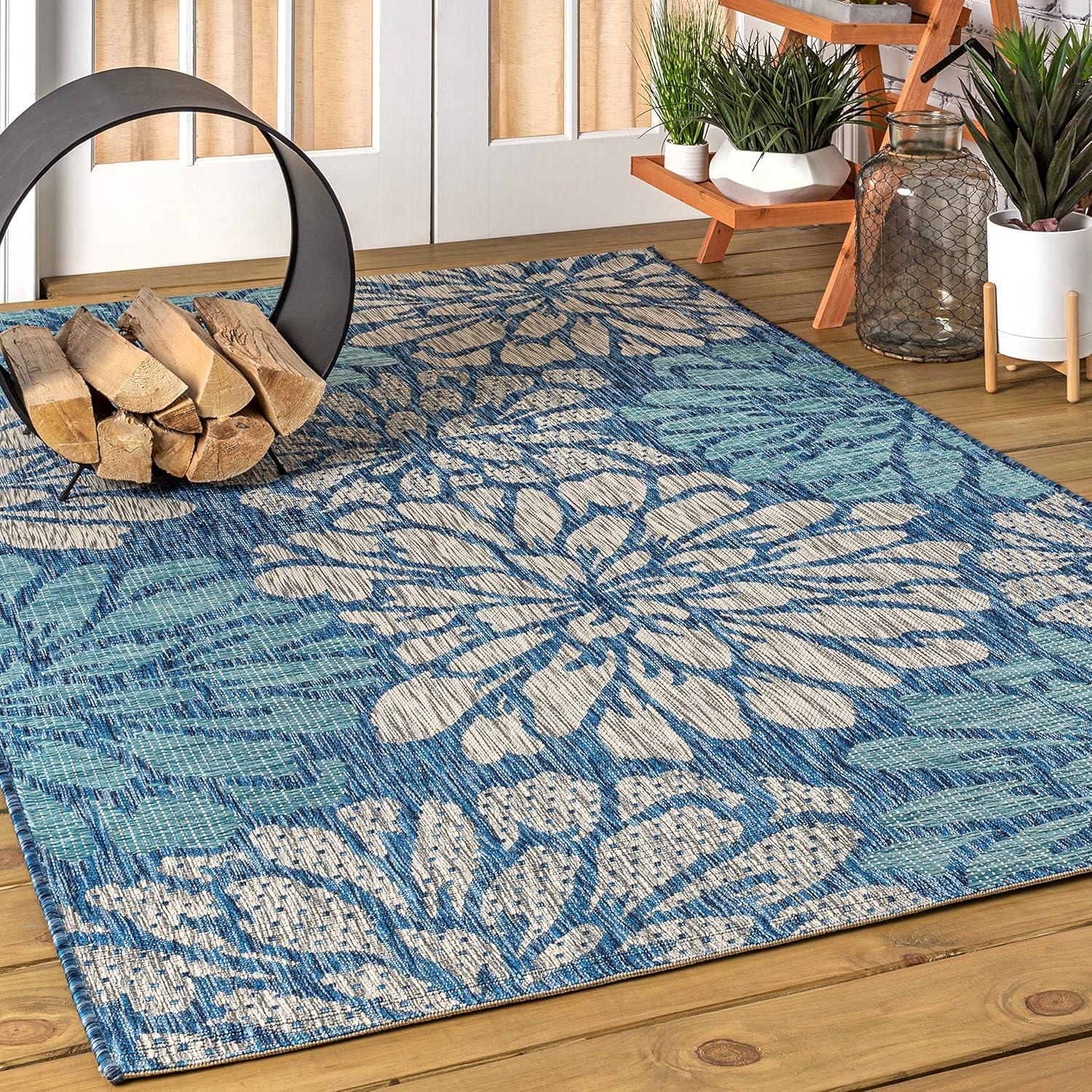 8'x10' Zinnia Modern Floral Textured Weave Indoor/Outdoor Area Rug, Navy/Aqua - JONATHAN Y