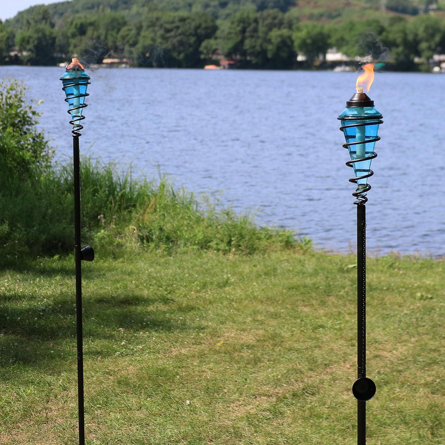 Sunnydaze Outdoor Adjustable Height Glass and Metal Swirl Patio and Lawn Torch Set - Red - 2pk