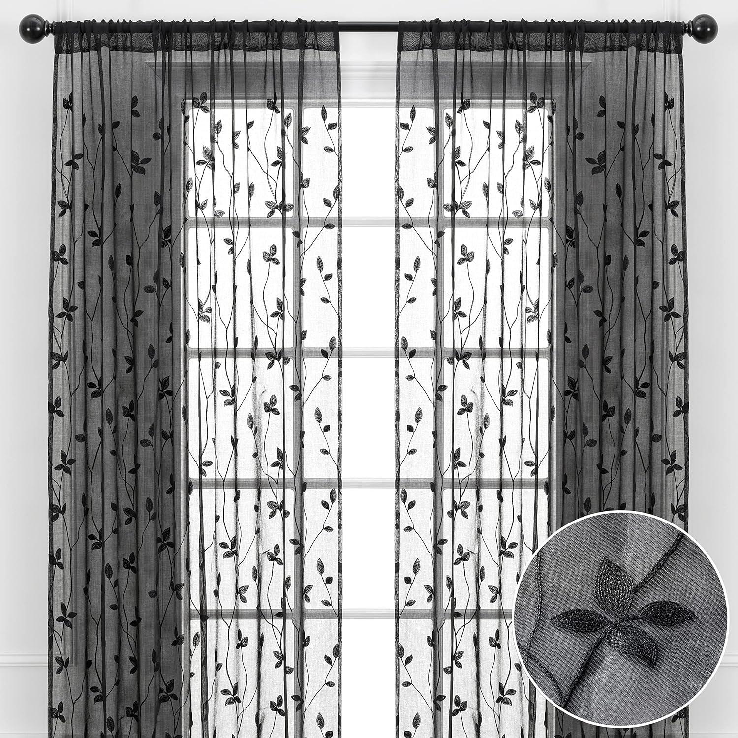 Chanasya 2pk Embroidered Vine Sheer Window Curtain Panels - Set of 2 - 52 x 96 Inches Long - Sage