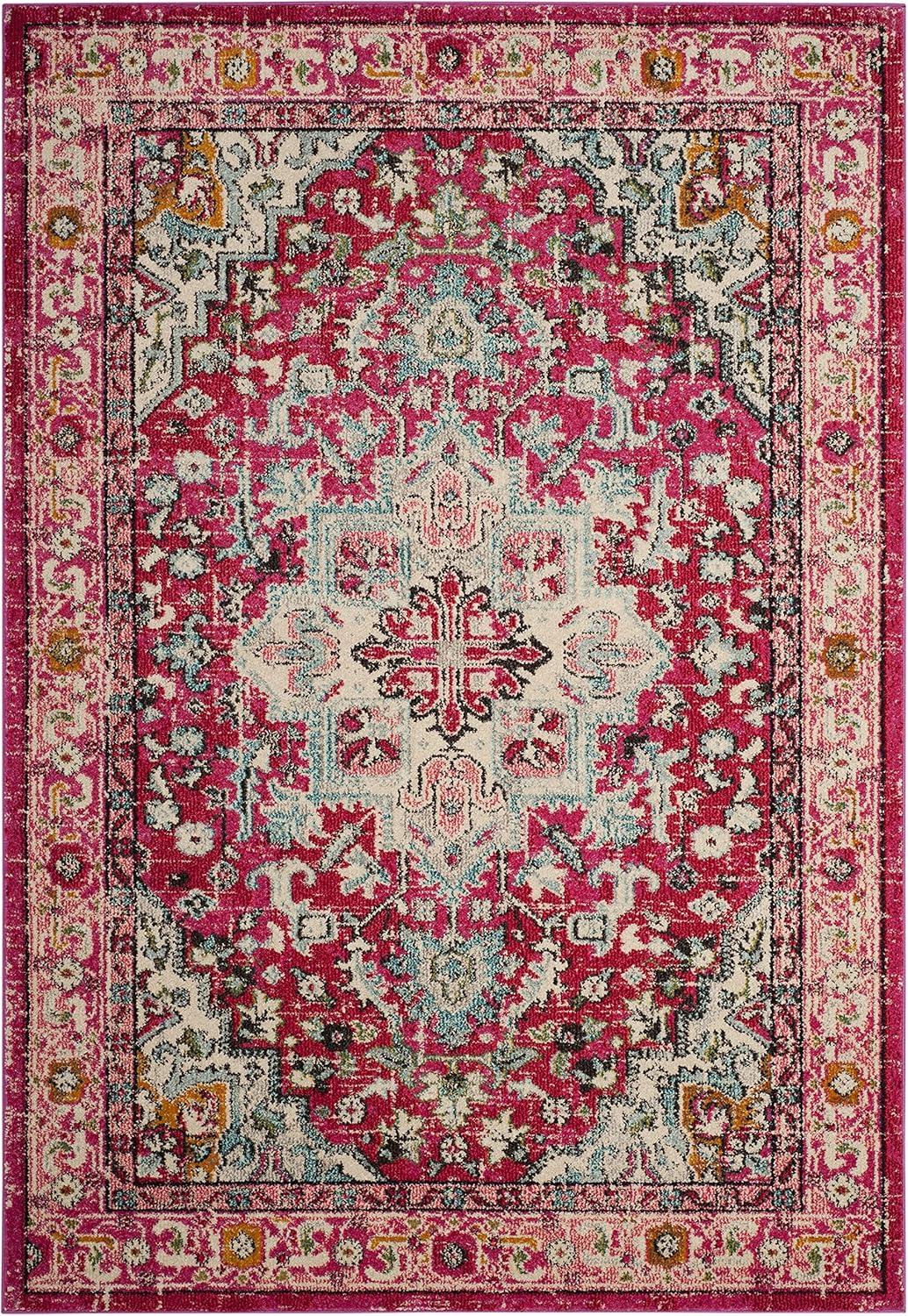 Bohemian Flair Light Blue & Fuchsia Round Synthetic Area Rug, 6'7" x 9'2"