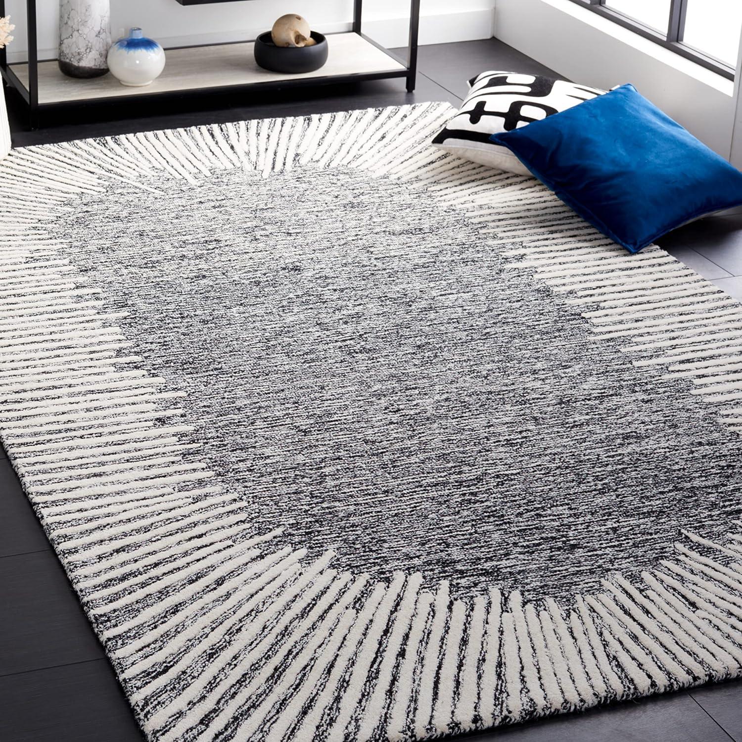 Ivory and Black Round Handmade Wool Area Rug