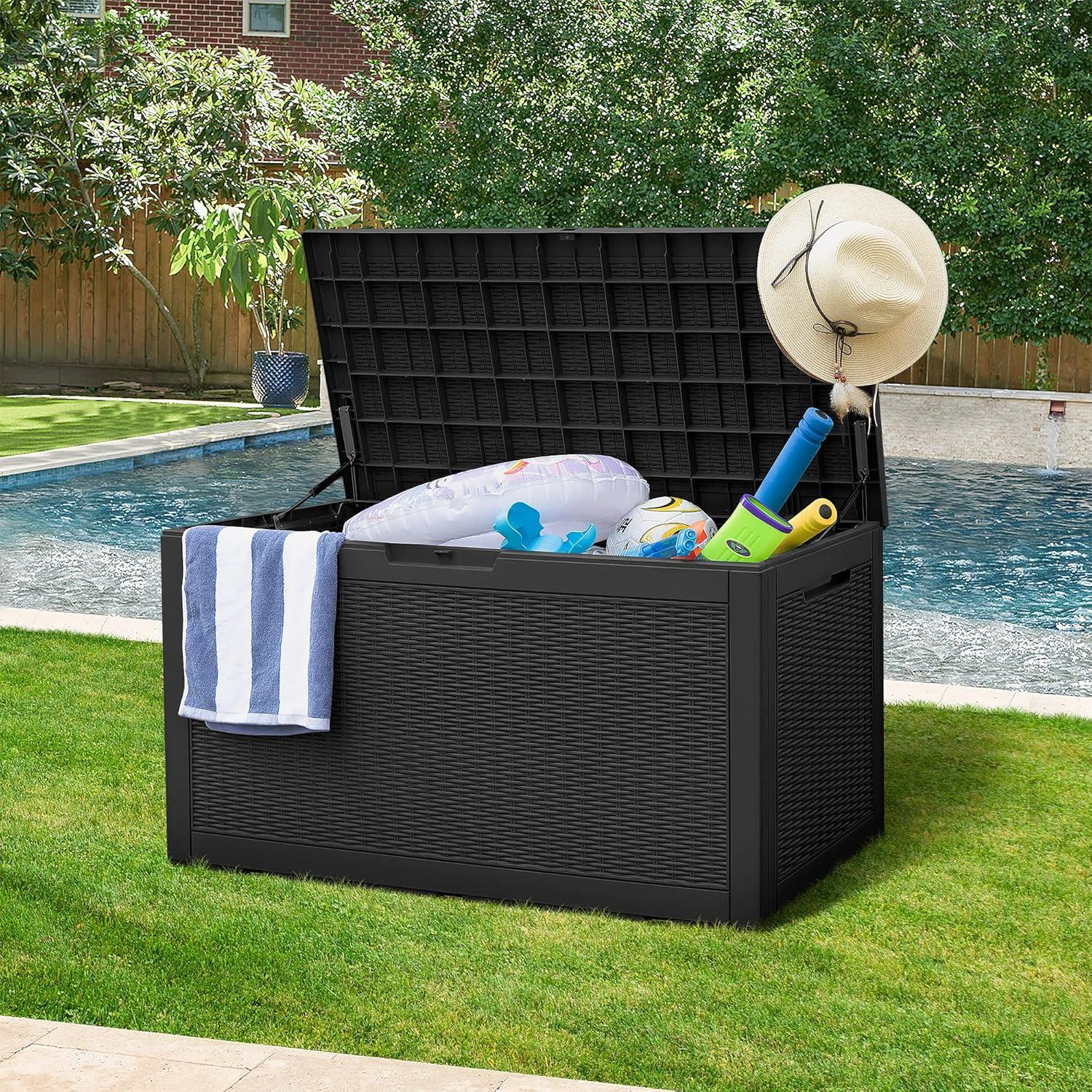 GUNJI 100 Gallon Outdoor Storage Box Waterproof Large Resin Deck Box Patio Storage Bench Lockable Storage Container for Outdoor Cushions, Pool Supplies and Garden Tools (Black)