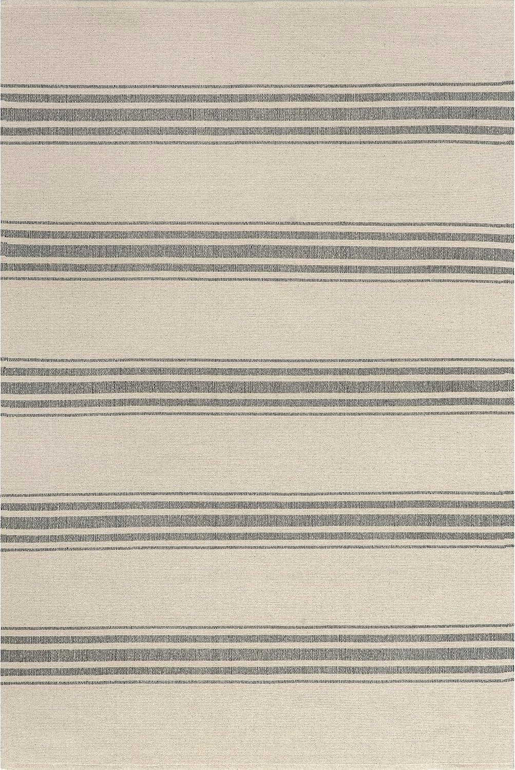 Beige and Gray Striped Cotton 9' x 12' Handmade Area Rug