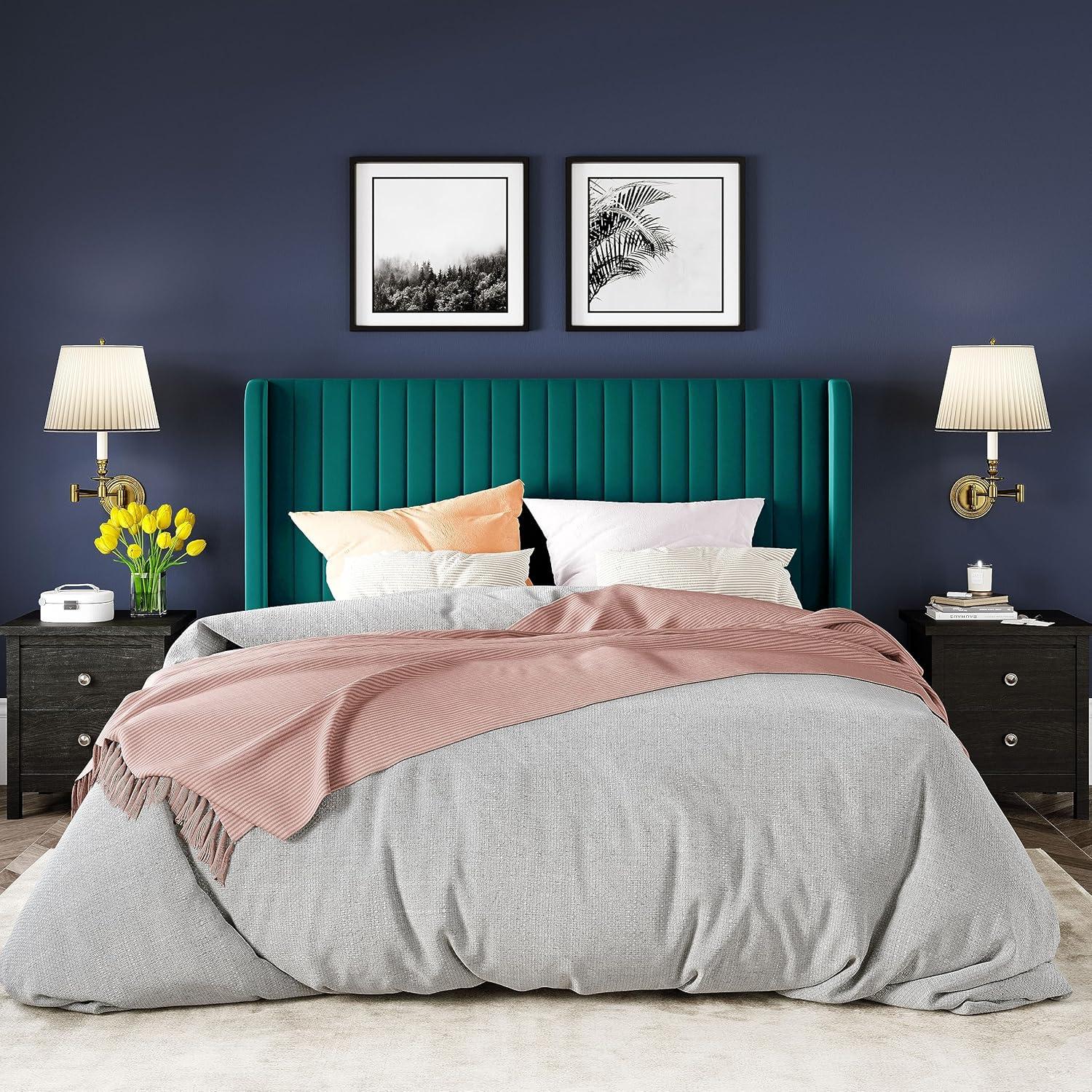 Candler Velvet Upholstered Platform Bed with Wingback Headboard and Wooden Slats