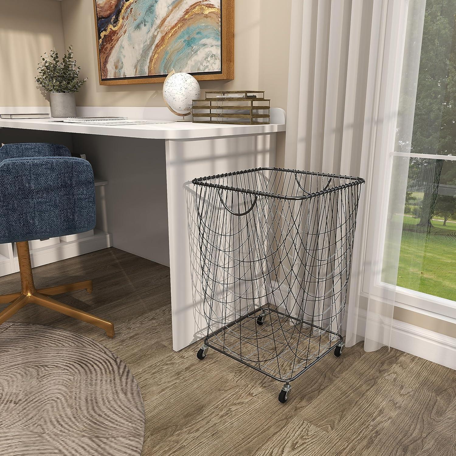 Metal Deep Set Metal Mesh Laundry Basket Storage Cart with Wheels and Handles