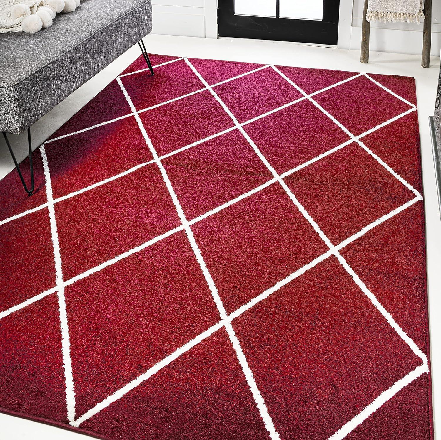 4'x6' Cole Minimalist Diamond Trellis Area Rug, Red/White - JONATHAN Y