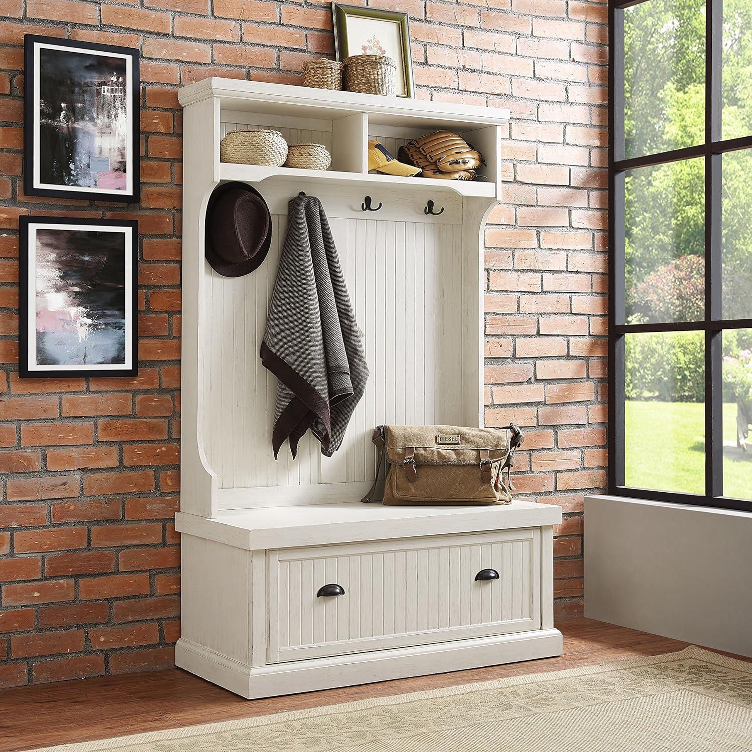 Seaside Solid Hardwood & Veneer Hall Tree in Distressed White