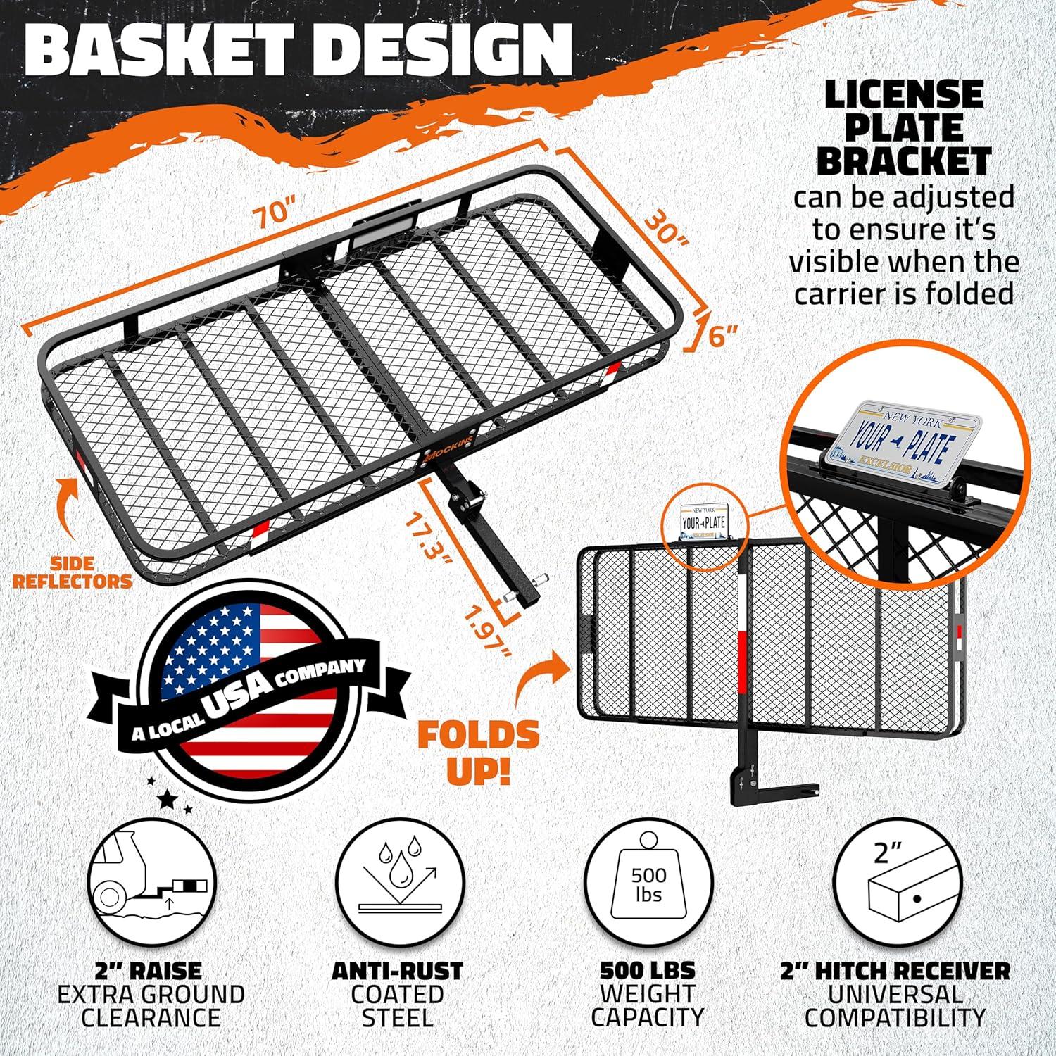 70 in. x 30 in. x 6 in. Foldable Hitch Cargo Carrier with 500 lbs. Capacity - Includes 40 cu. ft. Waterproof Cargo Bag