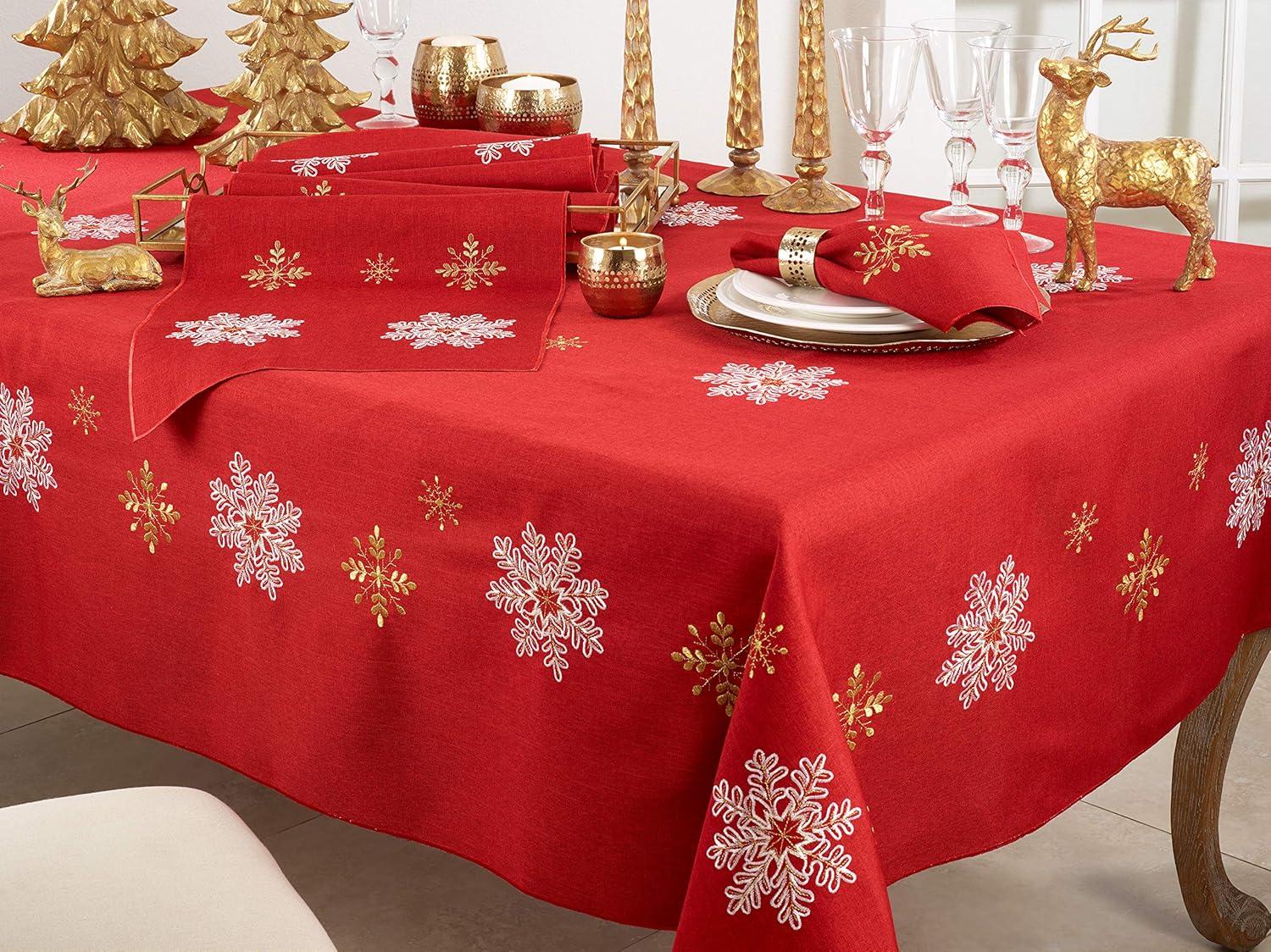 Fennco Styles Embroidered Snowflake Christmas Tablecloth 70 x 140 Inch - Red Table Cover for Holiday Décor, Family Gathering, Special Events and Everyday Use