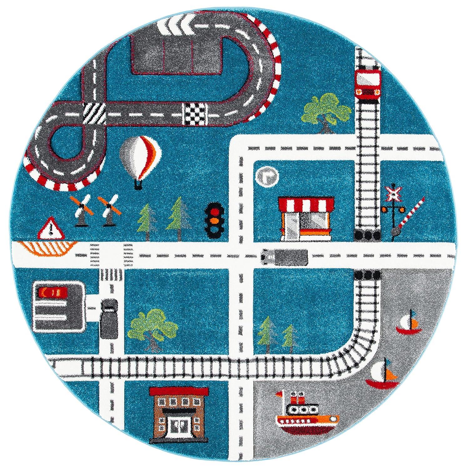 Carousel Kids  CRK192 Loomed Indoor Area Rug - Turquoise/Ivory - 4'x4' Round - Safavieh