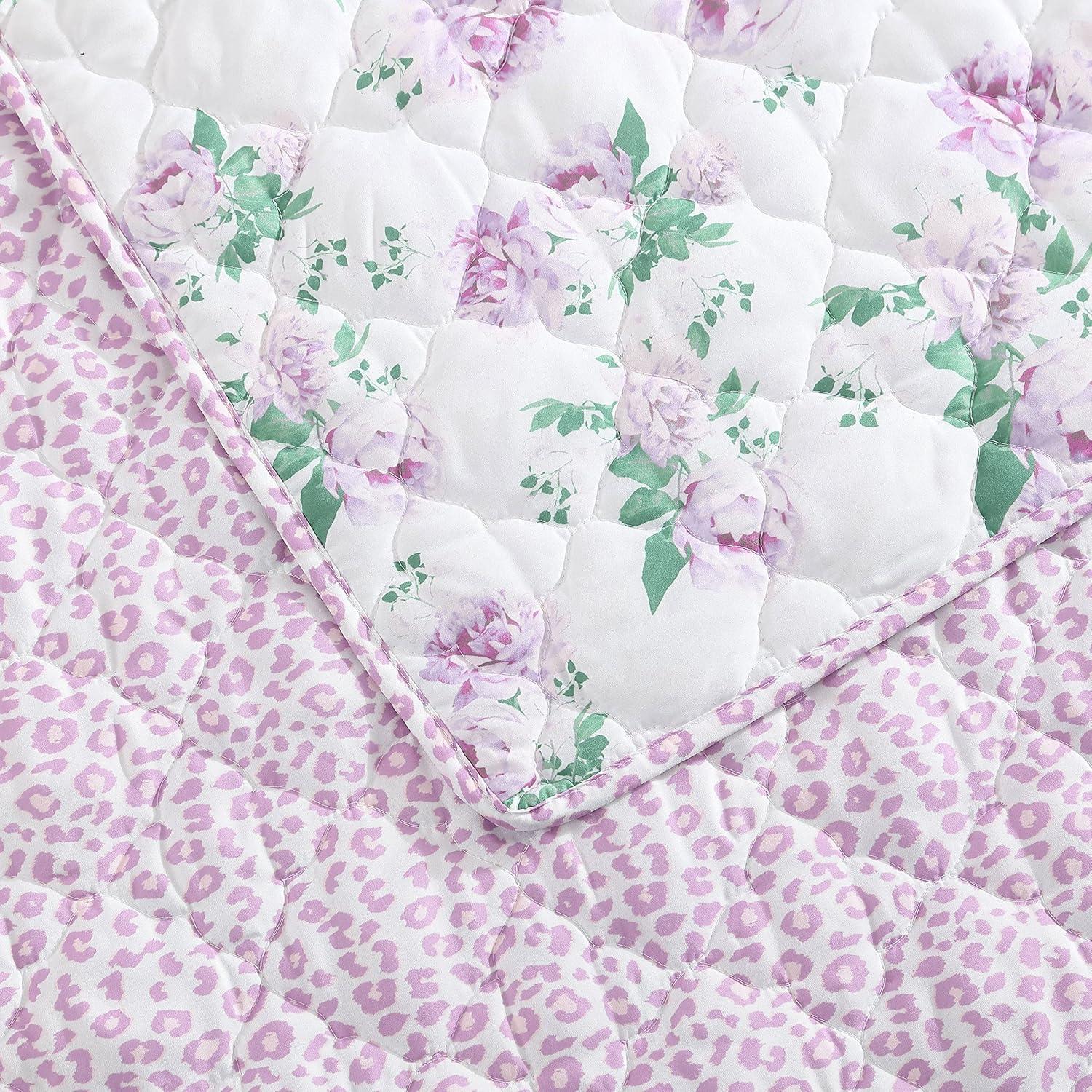 Blooming Roses Purple Microfiber Reversible Quilt Set