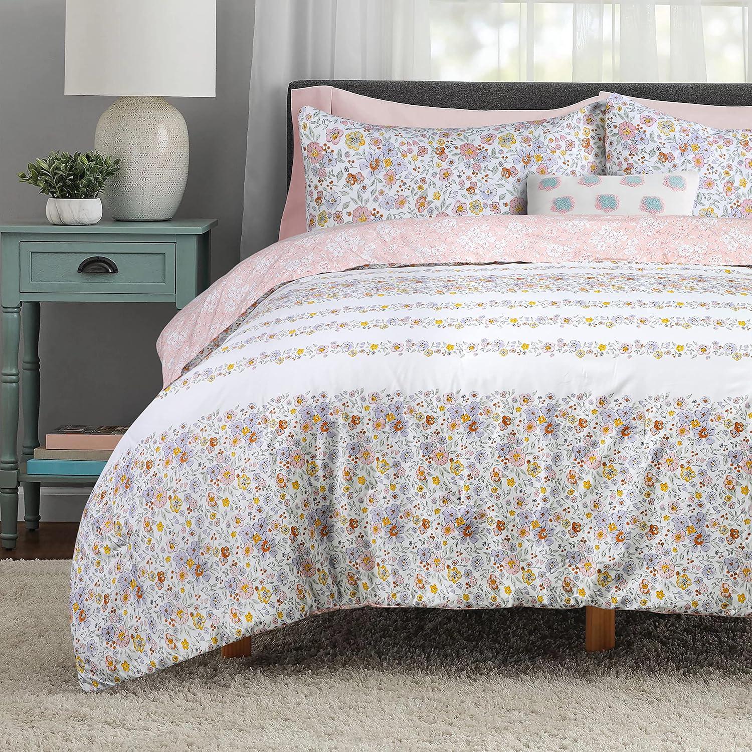 Twin Floral Reversible Microfiber Comforter Set with Pillow Shams