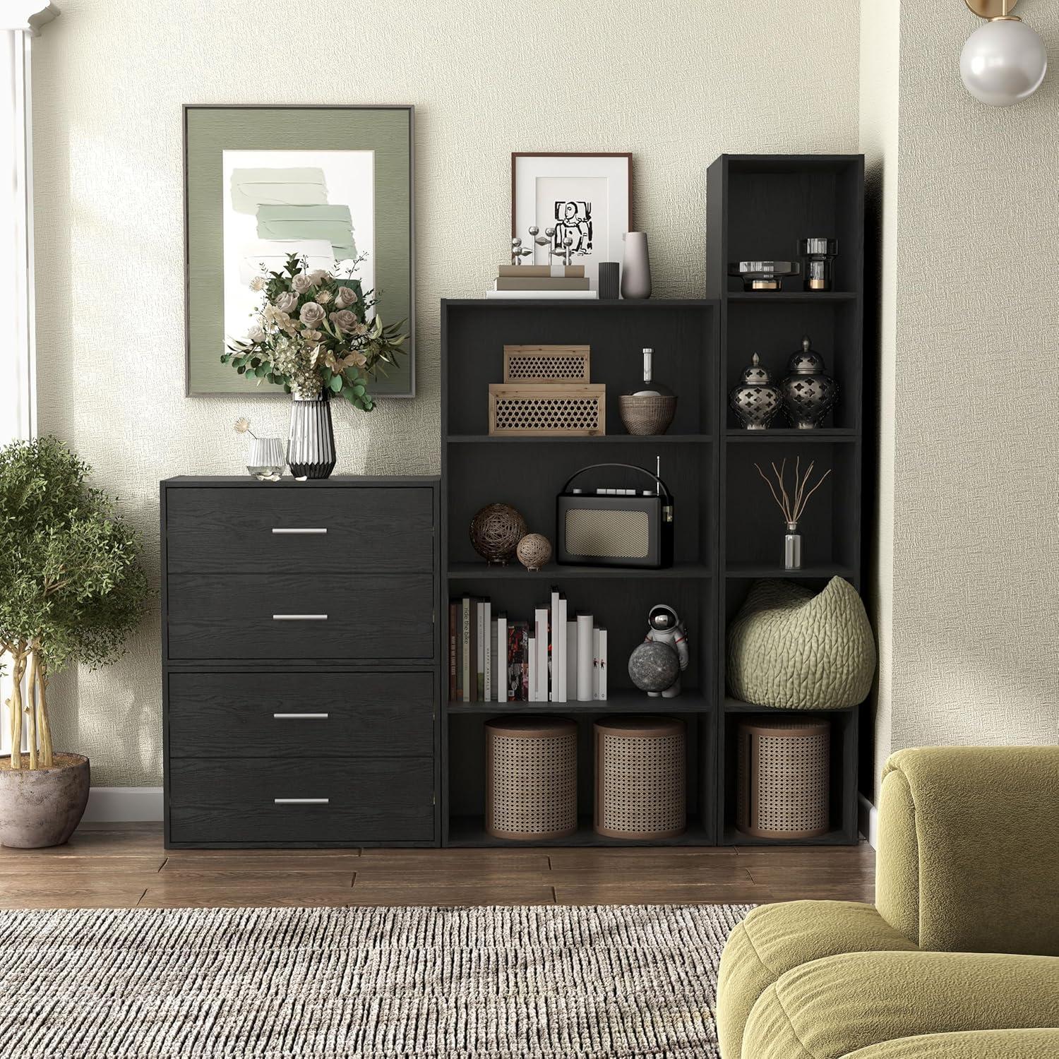 24/7 Shop At Home 47" Silkpath Modern 4 Tier Stackable and Modular Bookcase Black: Modular Organizer, MDF Wood