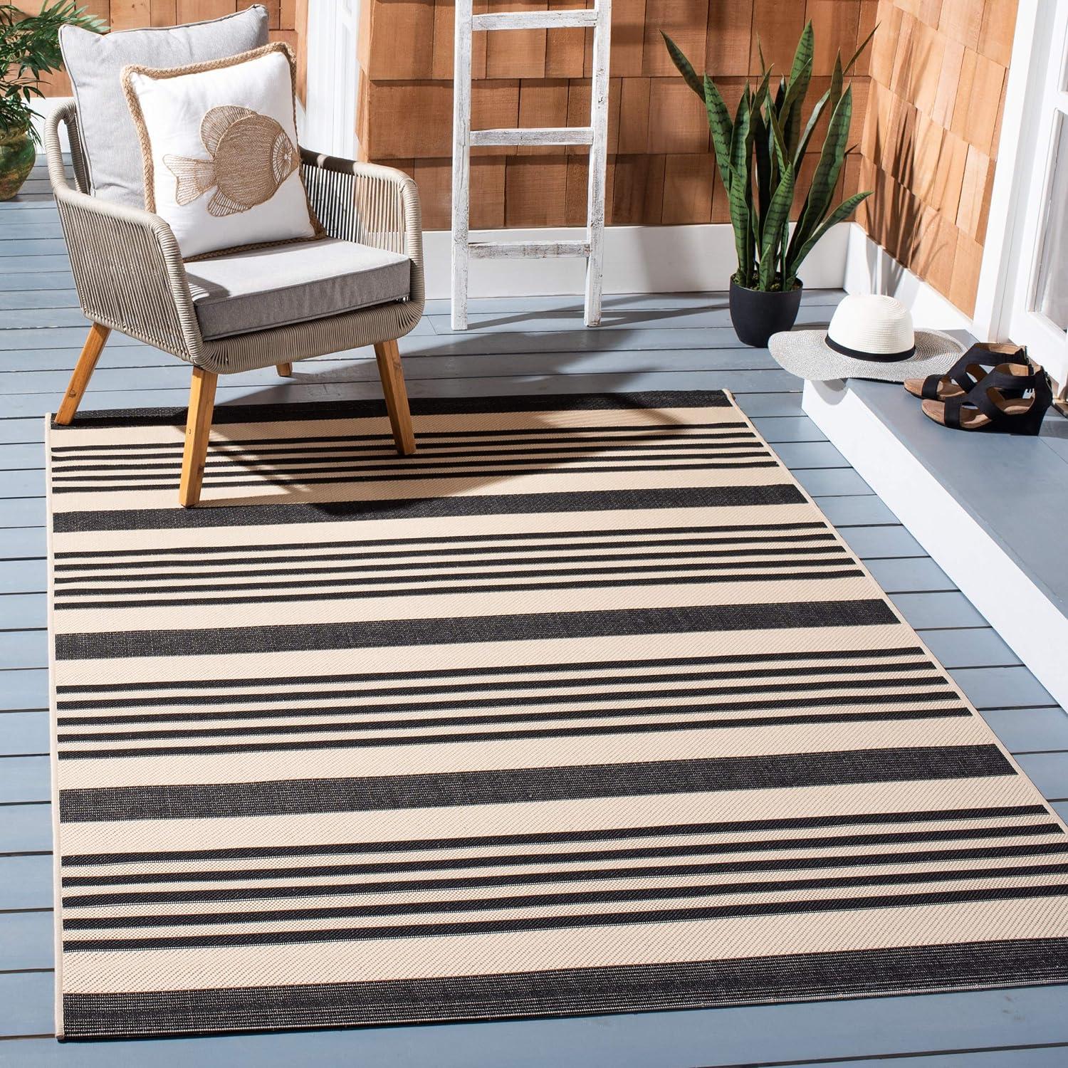 Modern Black Stripe Synthetic 5'3" Square Outdoor Rug