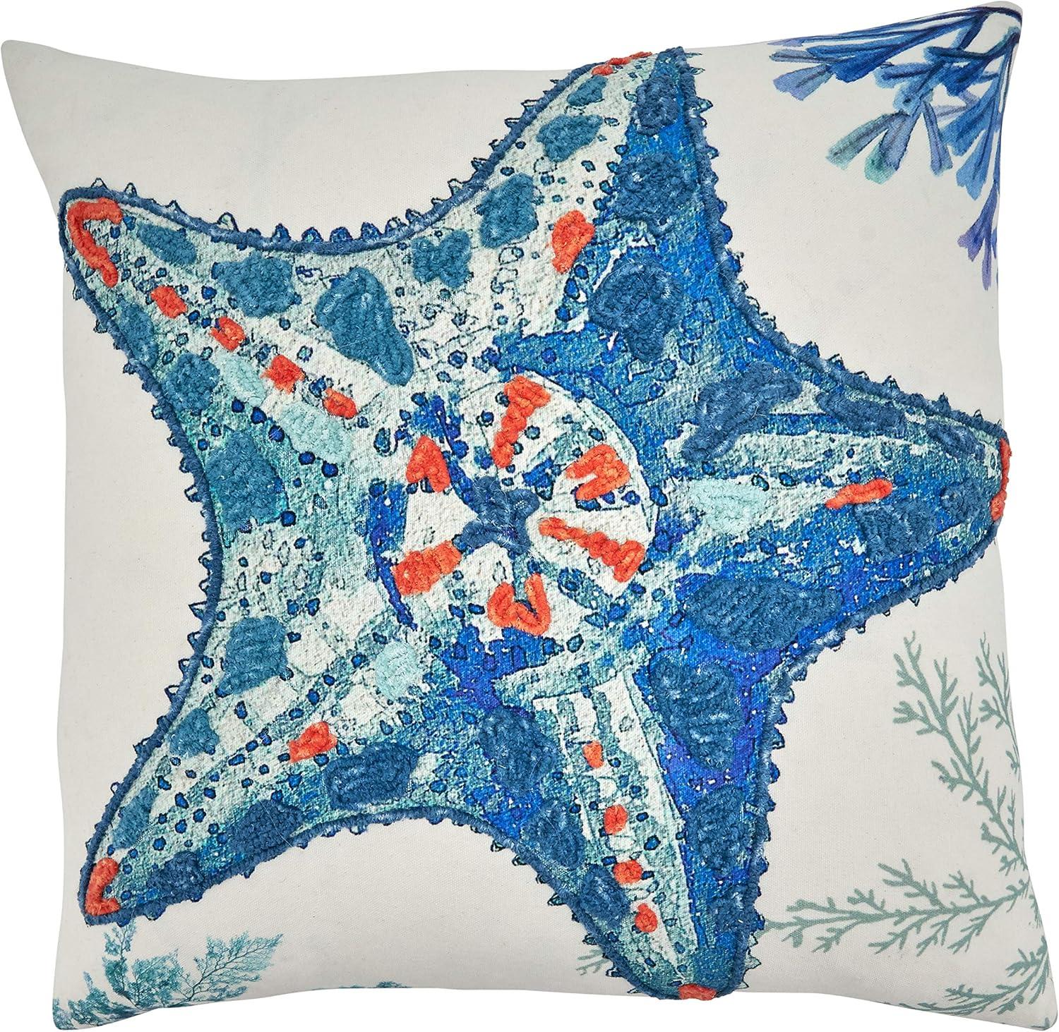 Coastal Blue Embroidered Cotton Starfish Pillow Cover