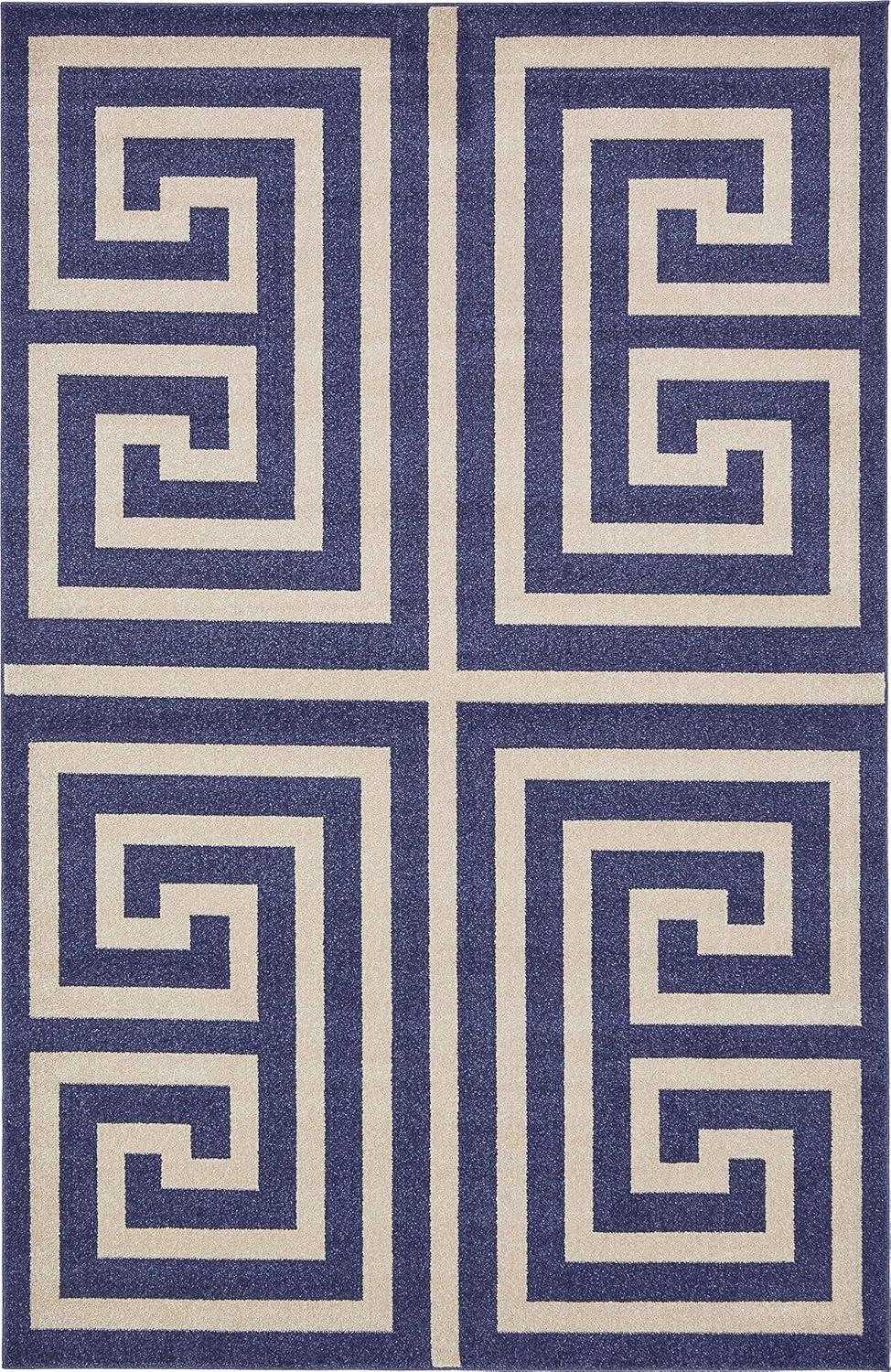 Unique Loom Greek Key Athens Rug Navy Blue/Beige 6' 1" x 9' Rectangle Geometric Modern Perfect For Living Room Bed Room Dining Room Office