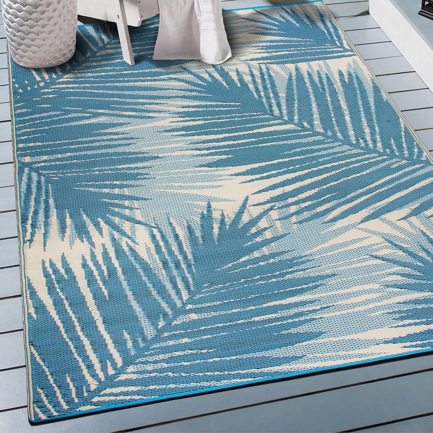 Blue Tropical Floral Reversible Synthetic Indoor/Outdoor Rug 3' x 5'