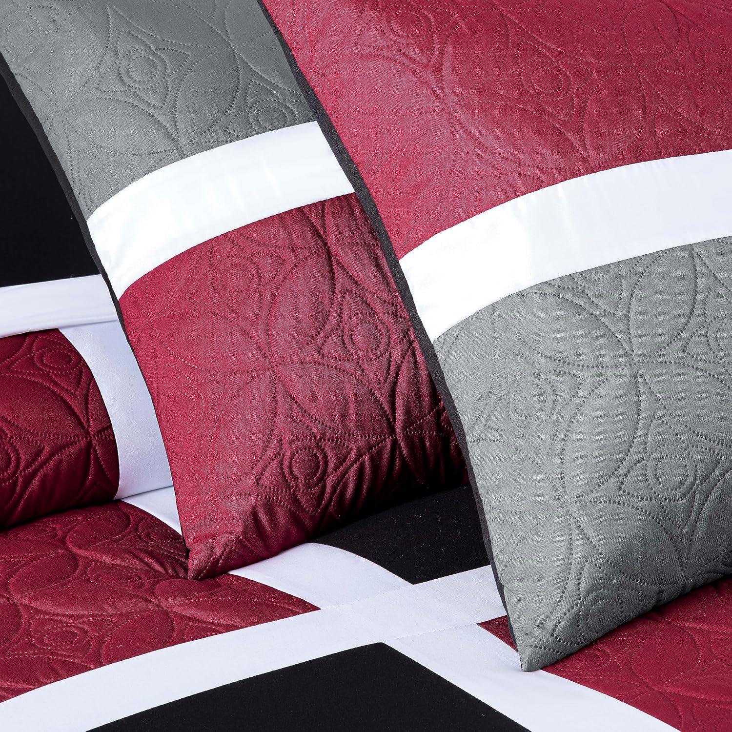 Chezmoi Collection Bernard 7-Piece King Bed in a Bag Comforter Set with Sheets, Lightweight Comforter Red Gray Black Patchwork Quilted Medallion Bedding Set for All Season