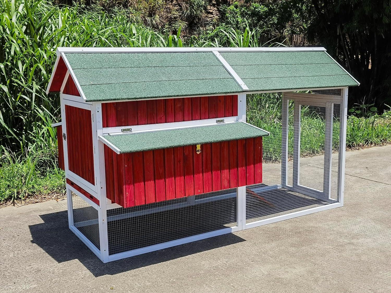 Midlee Red Barn Wooden Chicken Coop with Run Hen House Nesting Box Backyard Covered Enclosure
