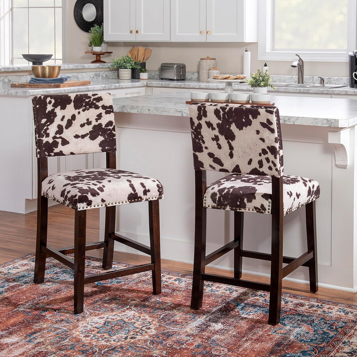Linon 24" Corey Microfiber Upholstery Counter Height Barstool Cow print : Farmhouse Style, Wood Frame, Footrest
