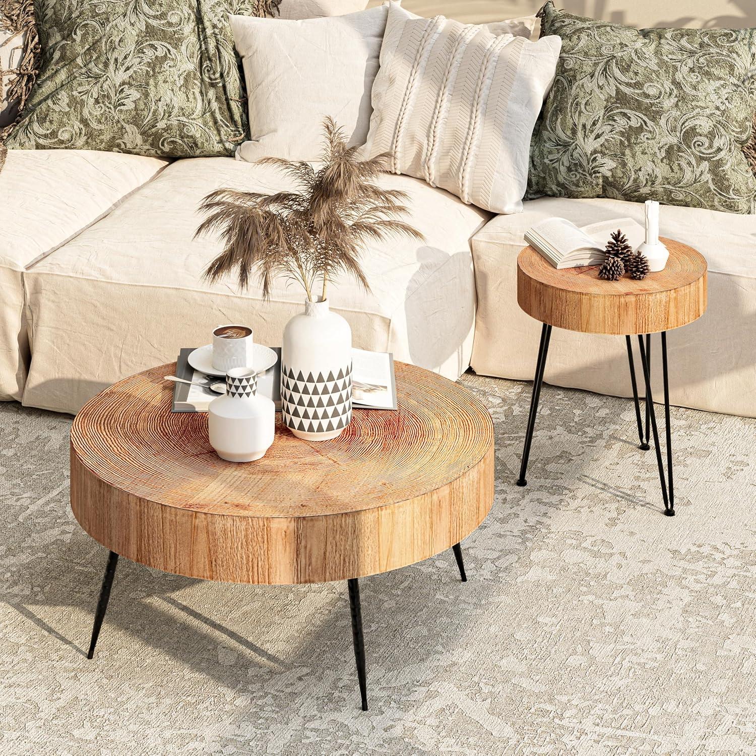 COZAYH 2-Piece Modern Farmhouse Living Room Coffee Table Set, Nesting Table Round Natural Finish with Handcrafted Wood Ring Motif, Light Red + Wood Color