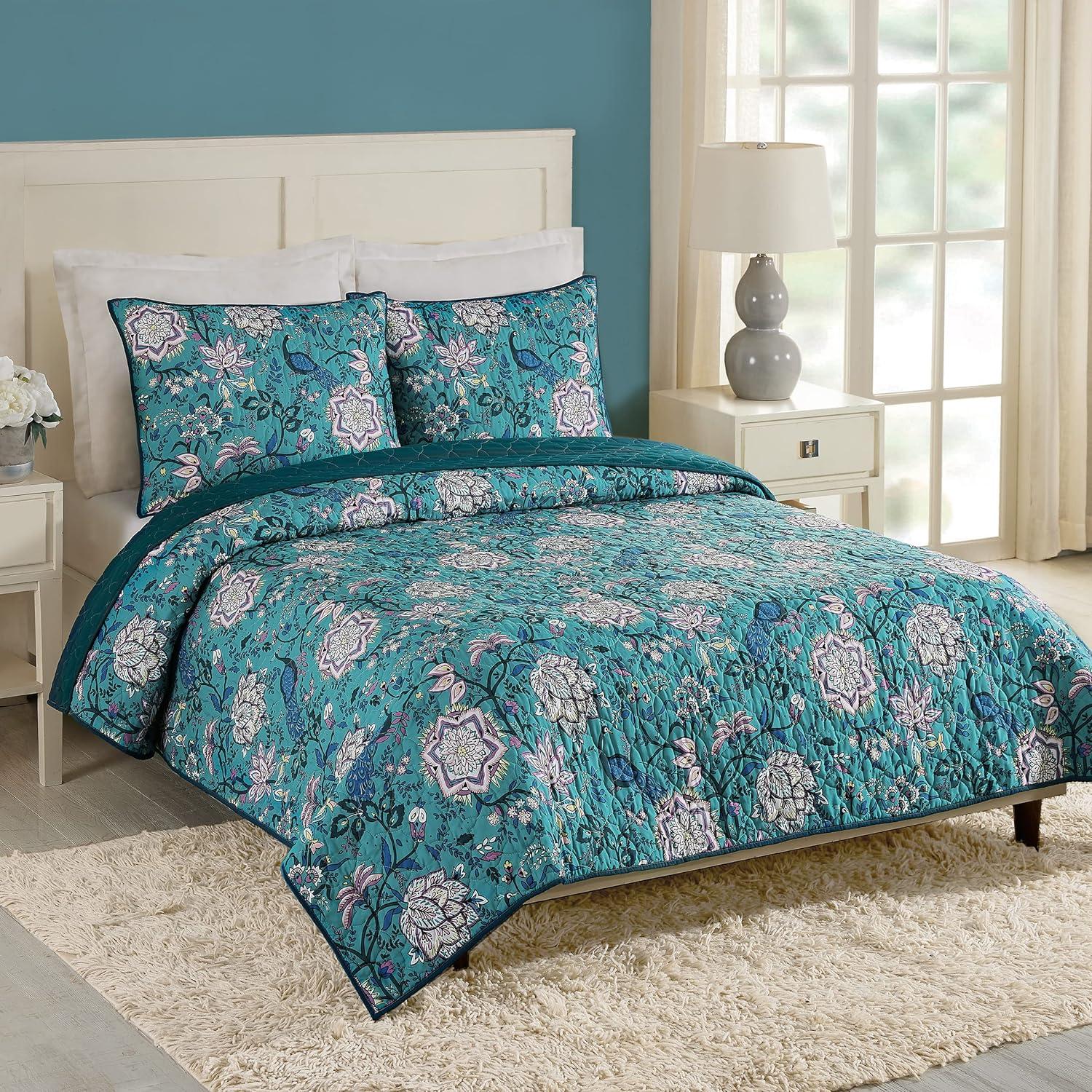 Peacock Garden Blue Microfiber Full Quilt Set