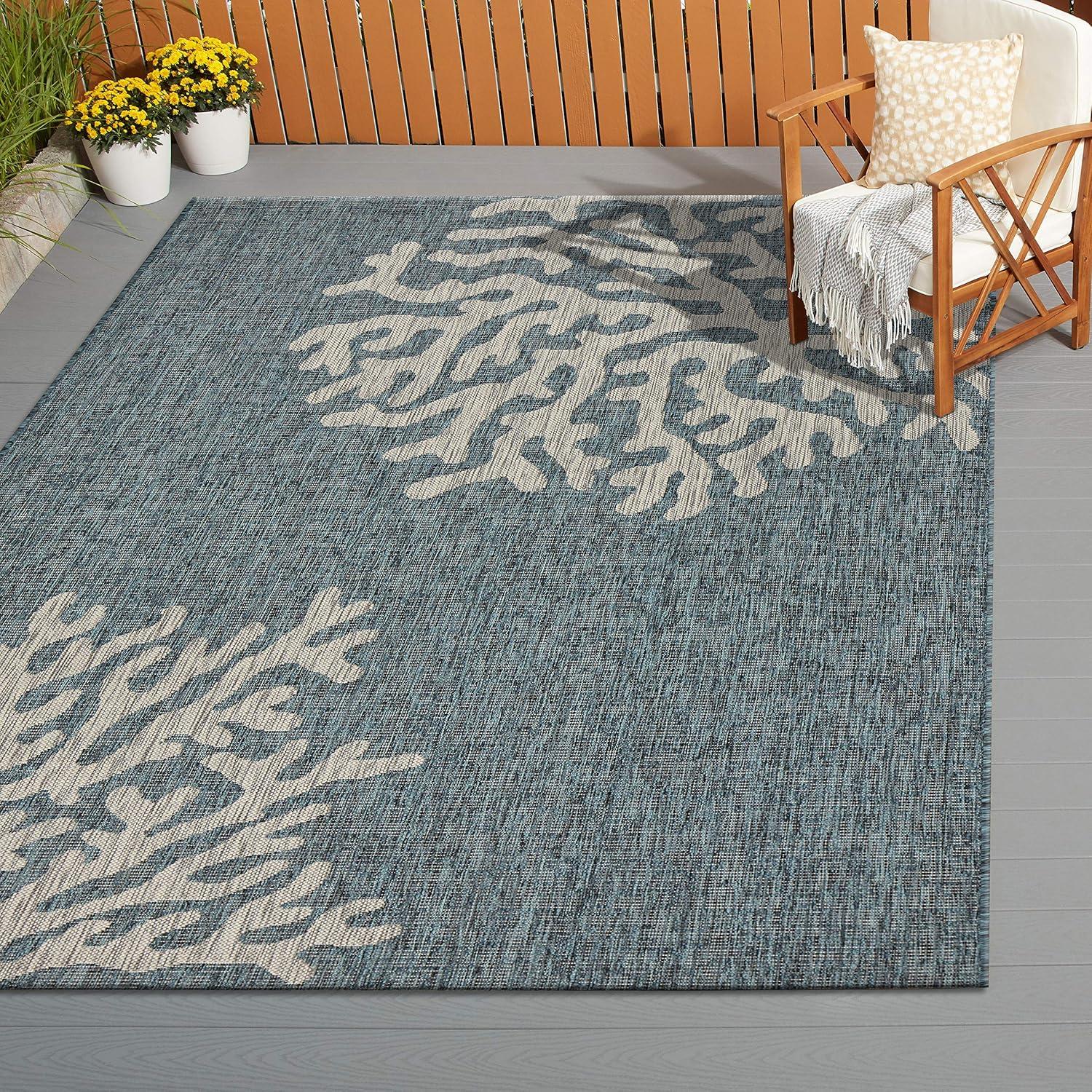 Blue and Gray Coastal Coral Reef 5' x 7' Indoor/Outdoor Rug