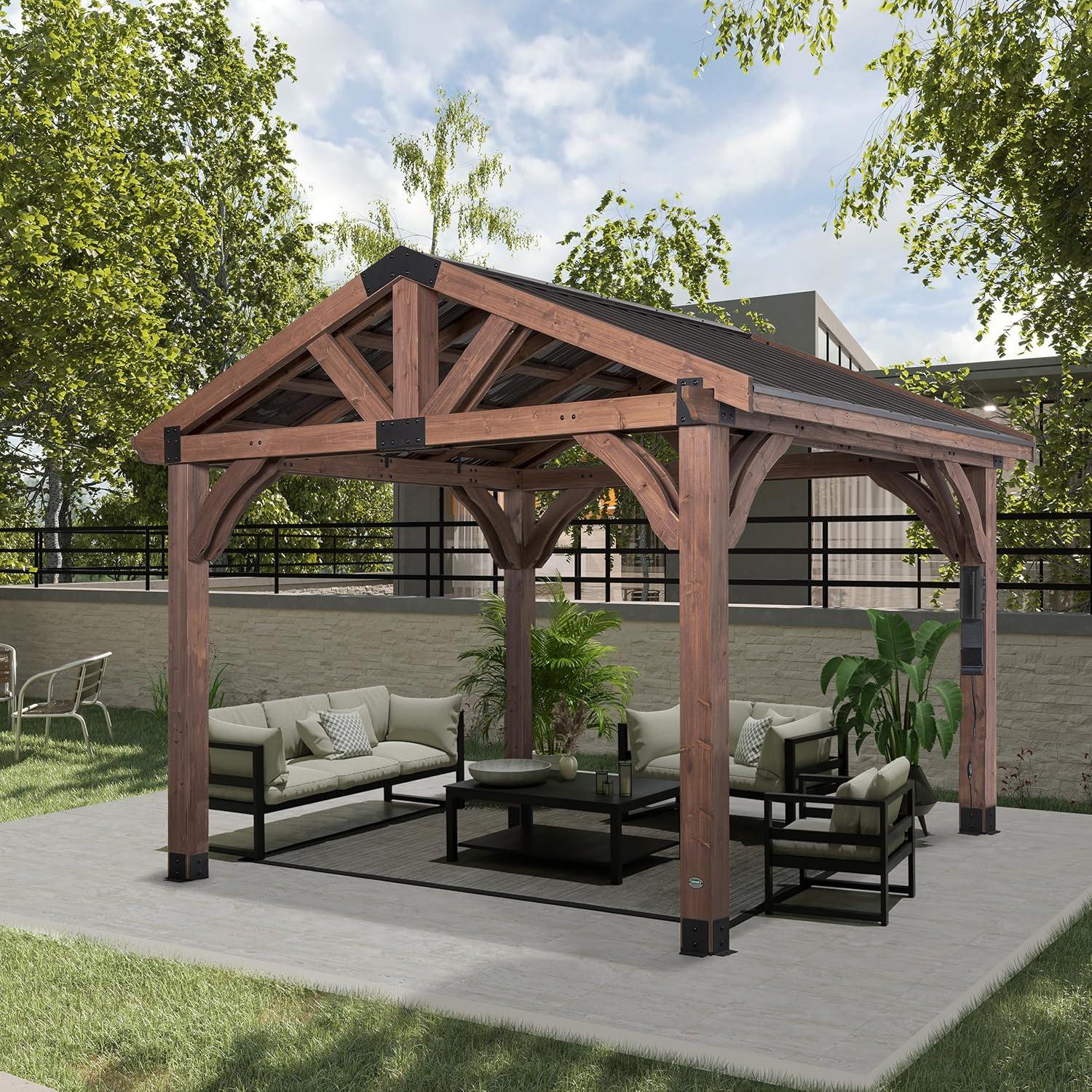Backyard Discovery Backyard Discovery Granada 10' x 9' Cedar Wood Outdoor BBQ Grill Gazebo with Hardtop Galvanized Steel Roof and Bar Tops