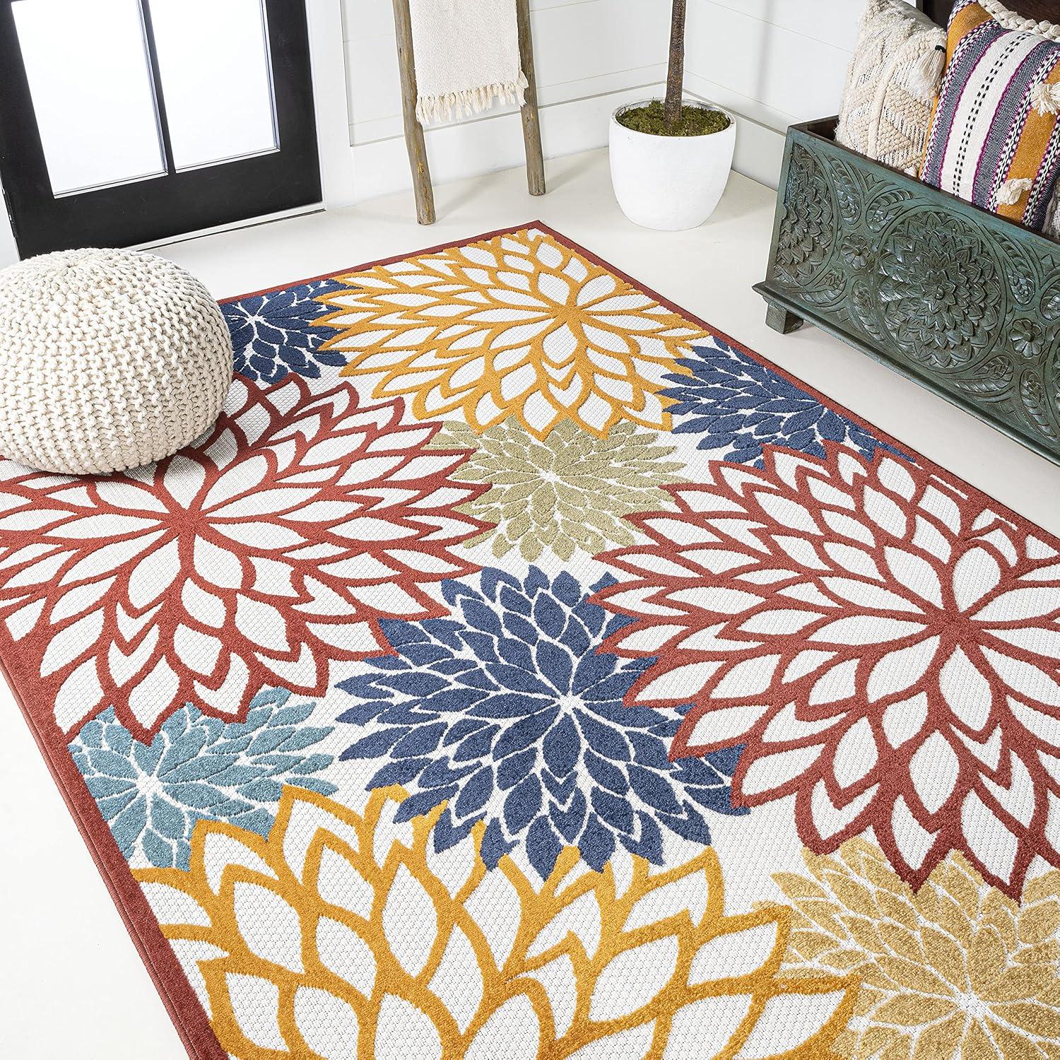 Minori Cream Red Blue Floral Synthetic Indoor Outdoor Rug