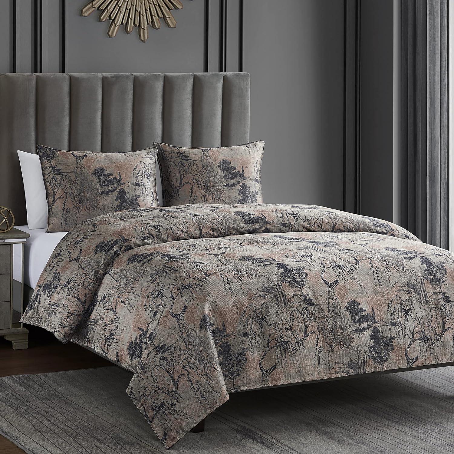 Pastoral Jacquard Metallic Floral Abstract Pattern Modern Contemporary 3 Piece Duvet Cover Set