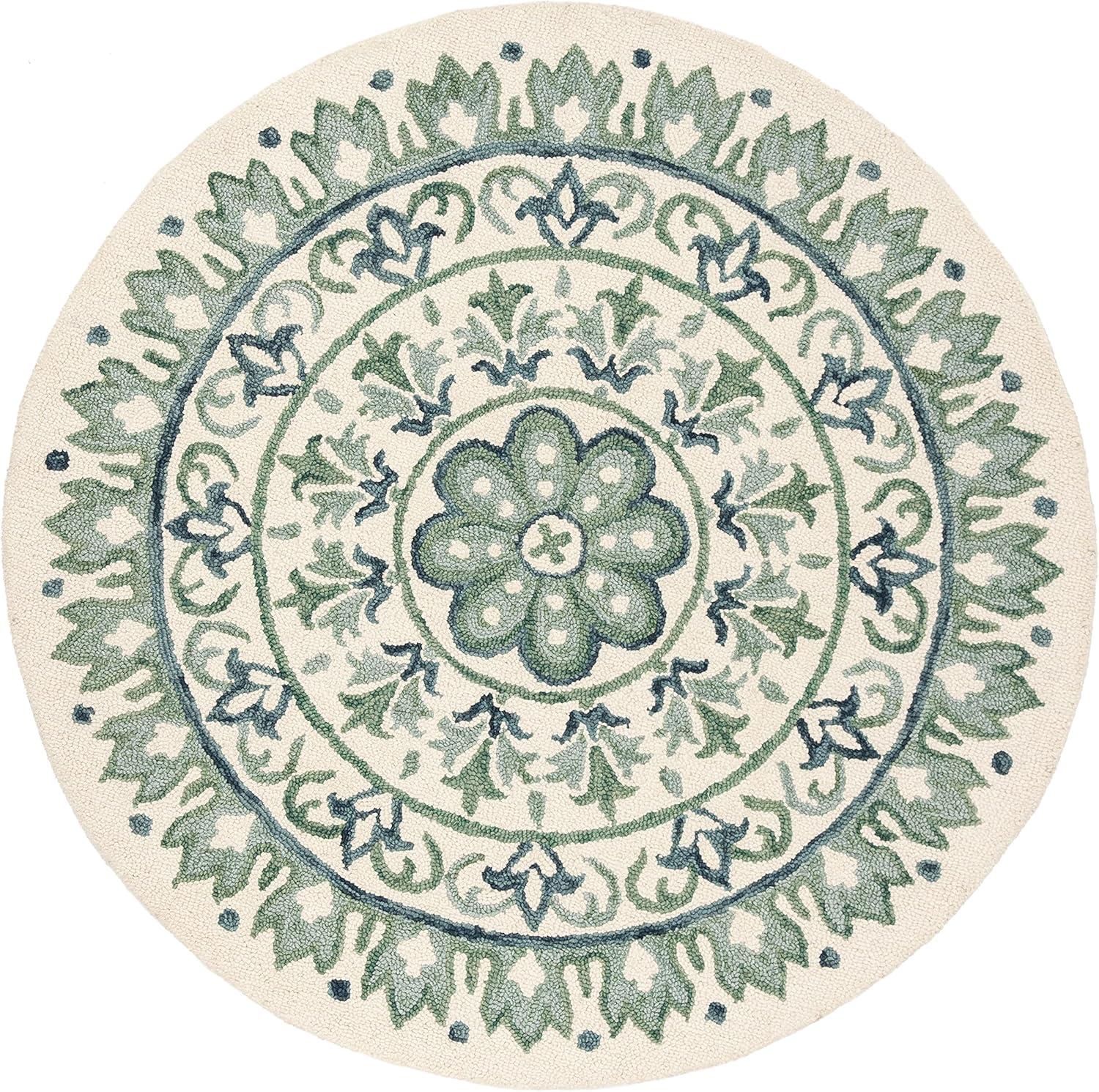 Ivory and Teal Floral Tufted Wool Round Rug