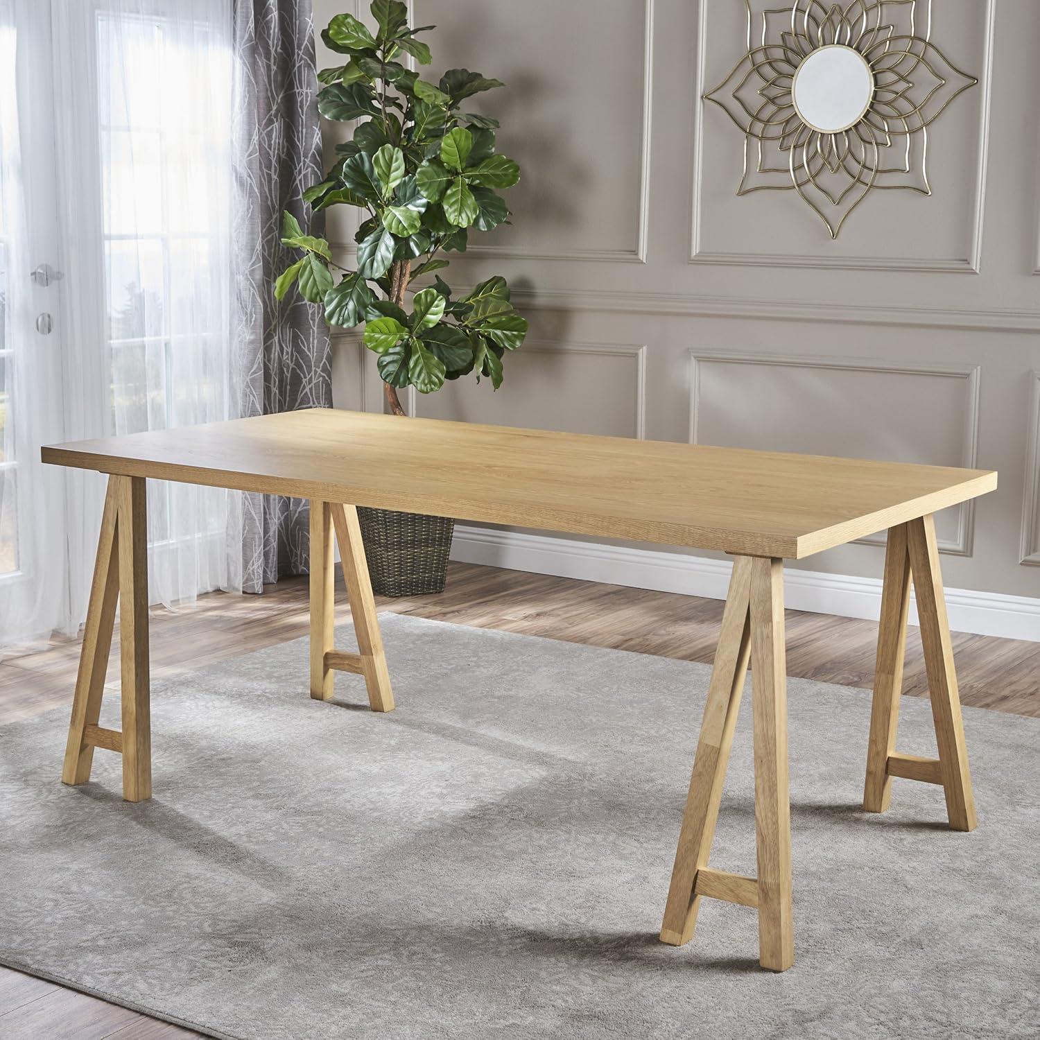 Natural Oak Finish Farmhouse Dining Table with Wooden Legs