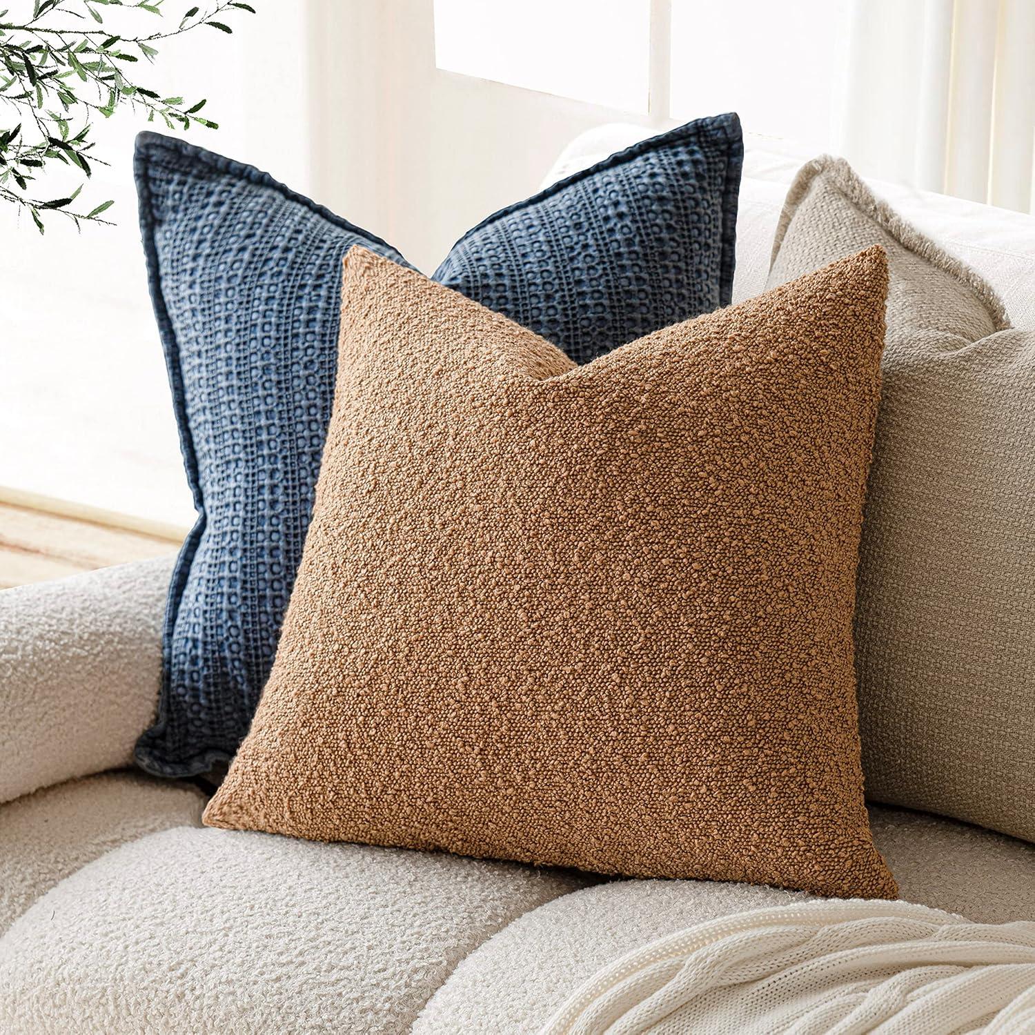 Boucle Decorative Throw Pillow Covers for Couch Set of 2, 18x18 inches, Beige