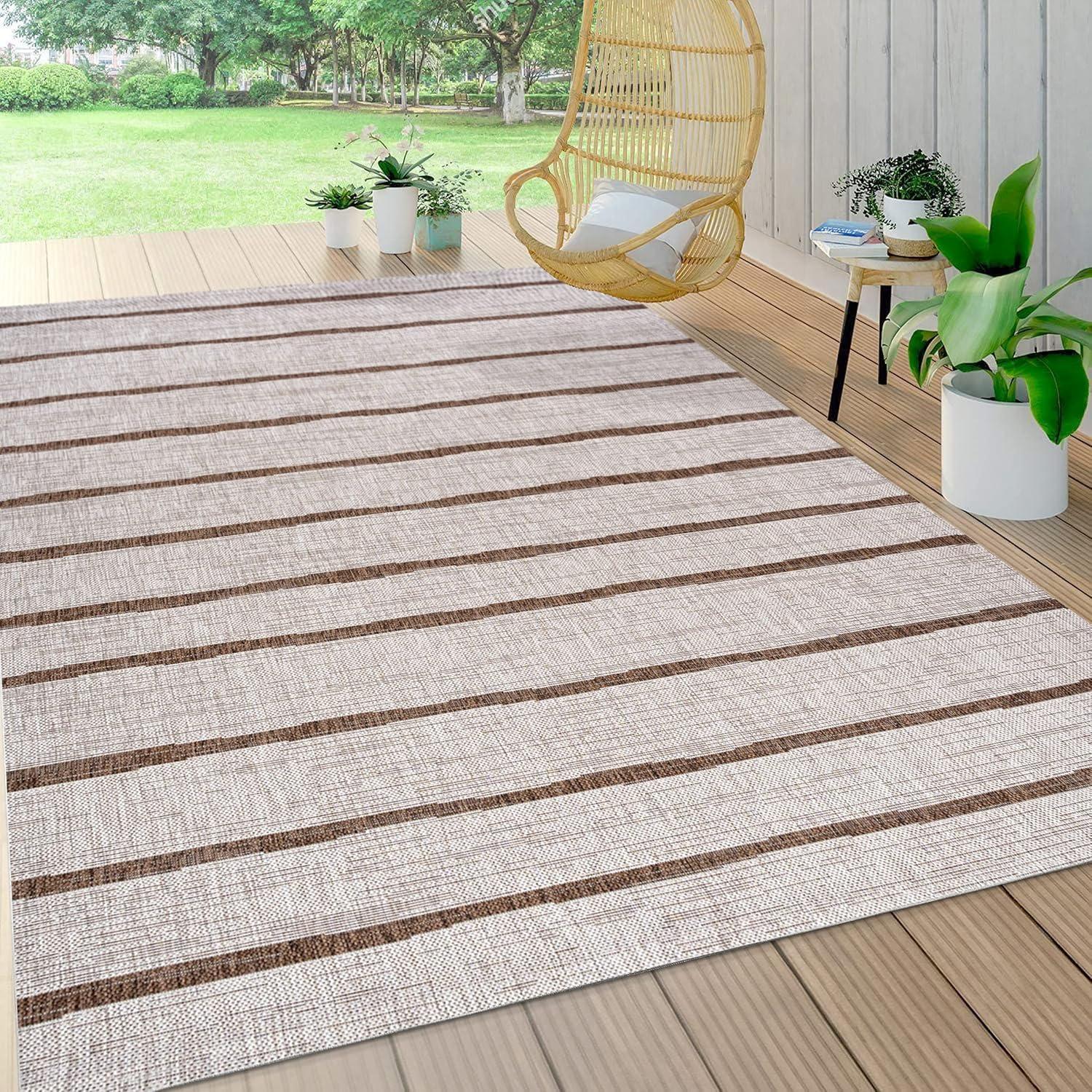 3'x5' Colonia Berber Stripe Indoor/Outdoor Area Rug, Beige/Brown - JONATHAN Y