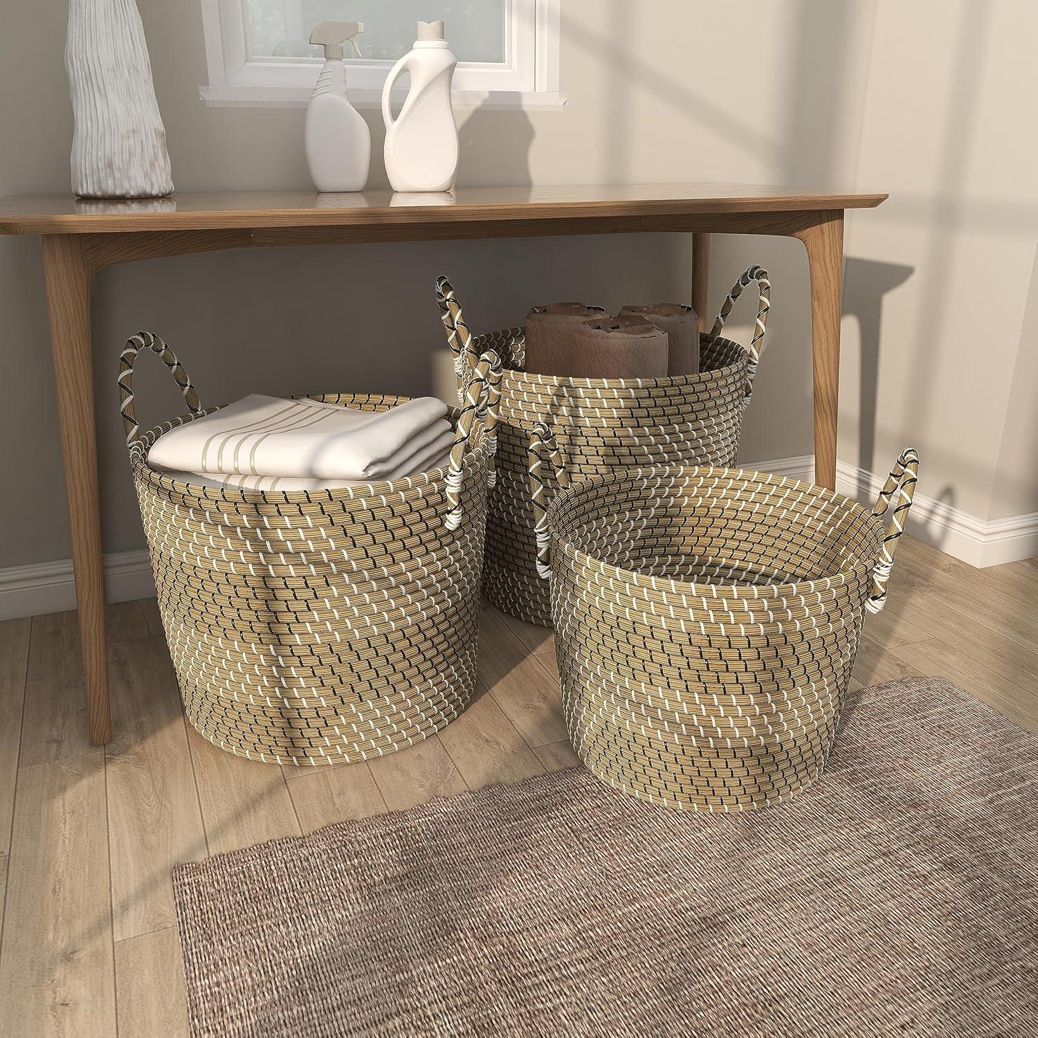 DecMode 14", 17", 19"H Beige Seagrass Handmade Two Toned Storage Basket with Handles, 3-Pieces