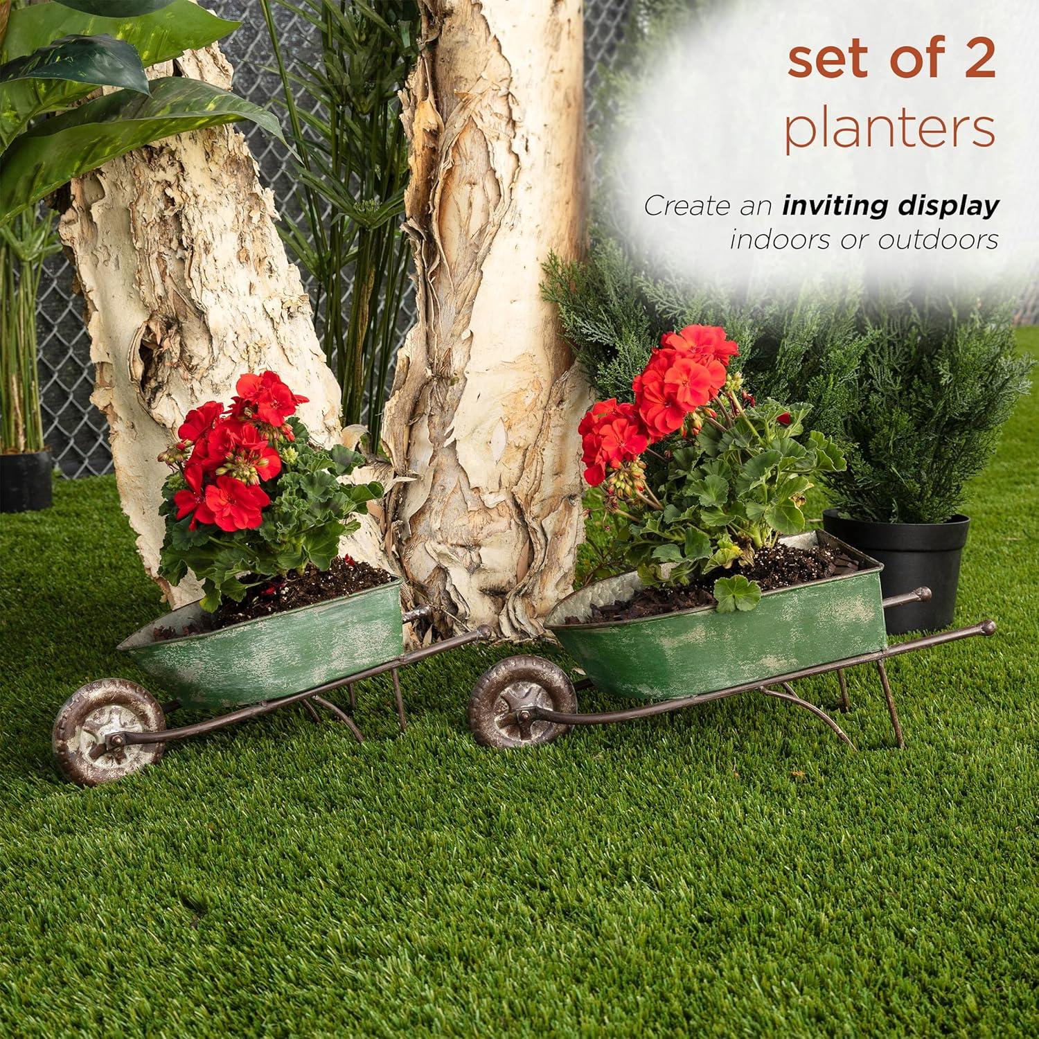 2pk Rustic Iron Wheelbarrow Garden Novelty Planter Green - Alpine Corporation