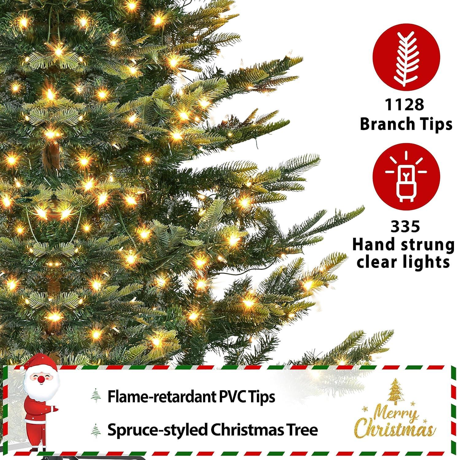 Leeheeyee 7.5Foot Pre-Lit Slim Artificial Christmas Tree，Metal Hinge Xmas Aspen Fir Tree with Warm White LED Lights and Stand, Prelit Foldable Fake Tree for Home Decoration