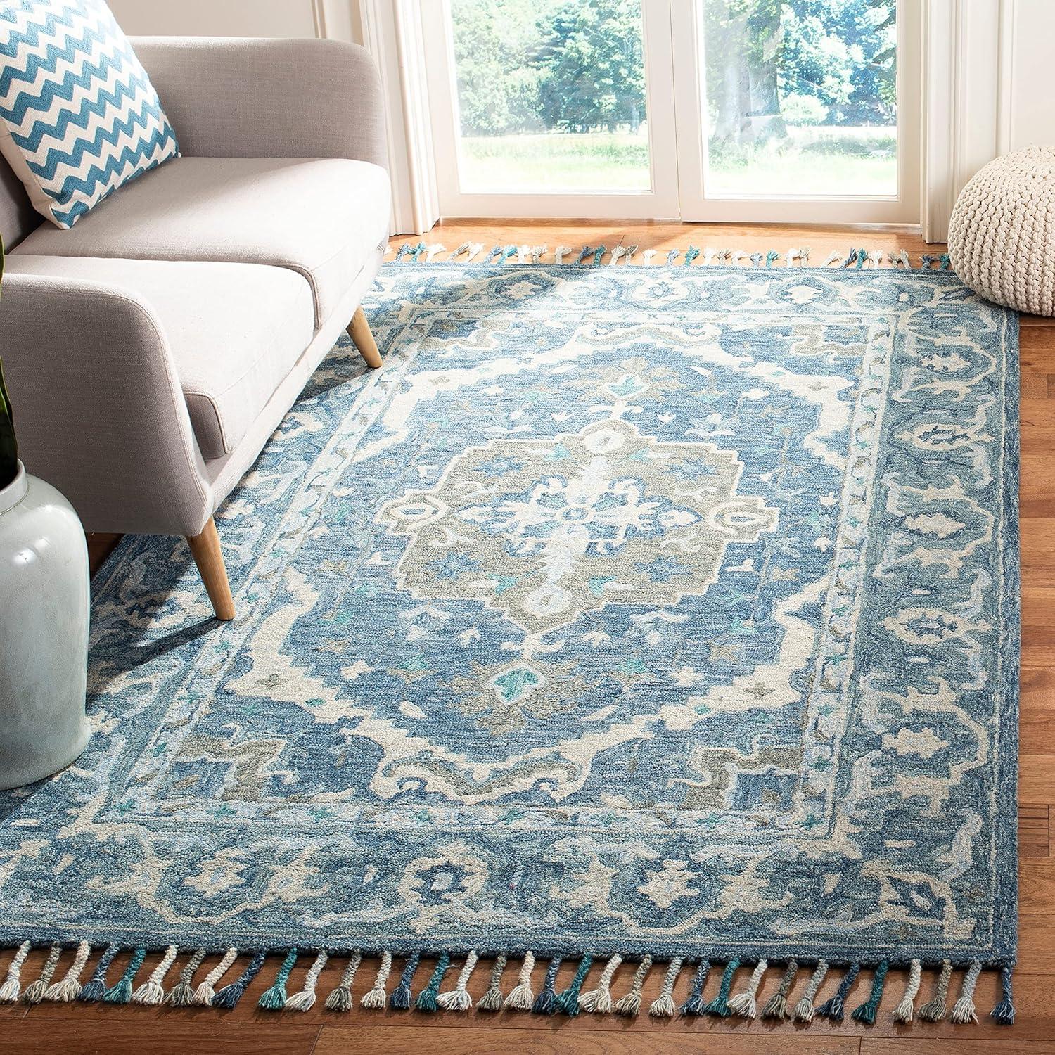 Bohemian Bliss Dark Blue Floral Hand-Tufted Wool Area Rug - 9' x 12'