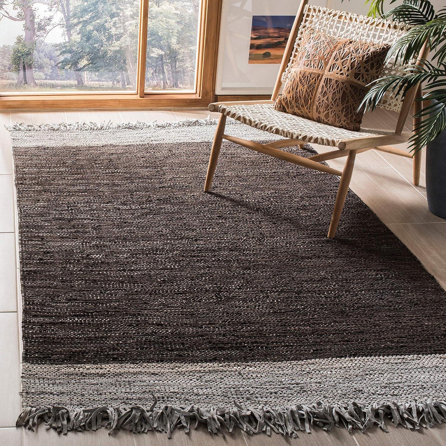Vintage Leather VTL310 Hand Woven Indoor Area Rug - Light Grey/Brown - 4'x6' - Safavieh
