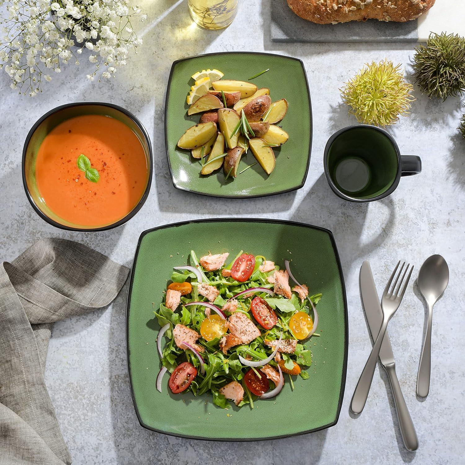 Gibson Soho Lounge Square 16-Piece Stoneware Dinnerware Set Green