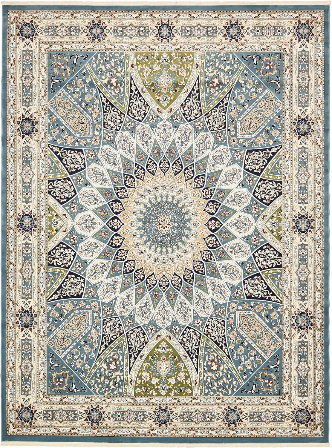 Blue Floral Rectangular Stain-Resistant Area Rug 10' x 13'