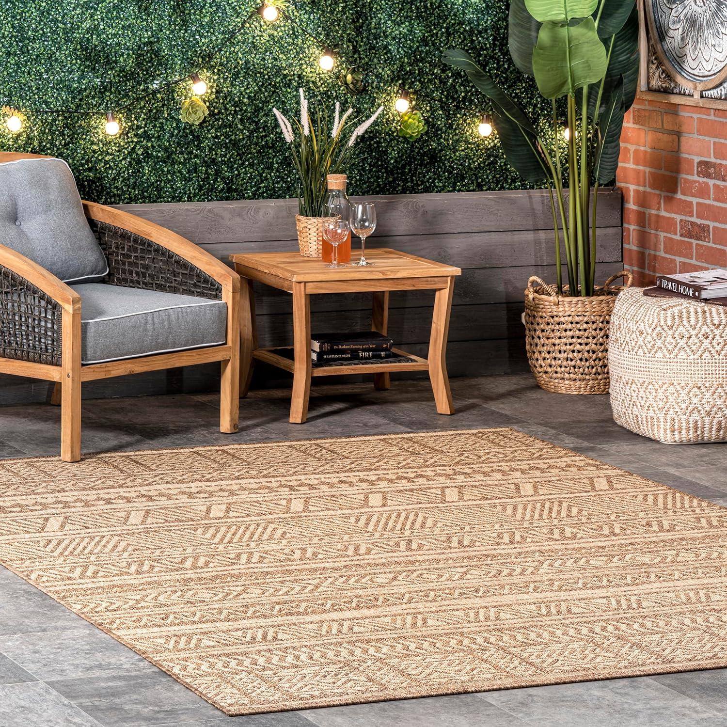 6'7"x9' Abbey Geometric Striped Indoor and Outdoor Area Rug Beige - nuLOOM: Low Pile, Machine Made, Polypropylene