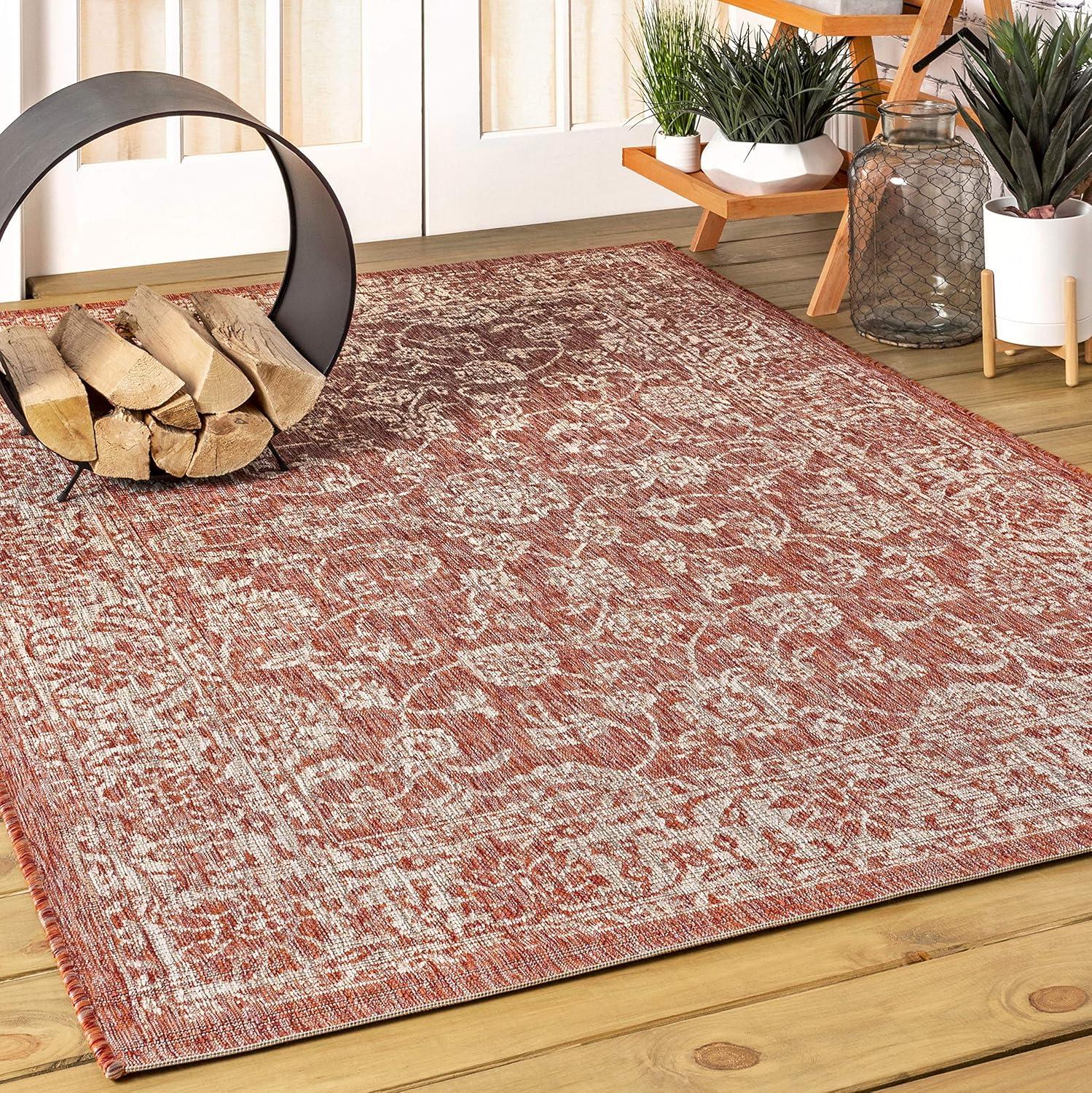 8'x10' Tela Bohemian Textured Weave Floral Indoor/Outdoor Area Rug, Red/Taupe - JONATHAN Y