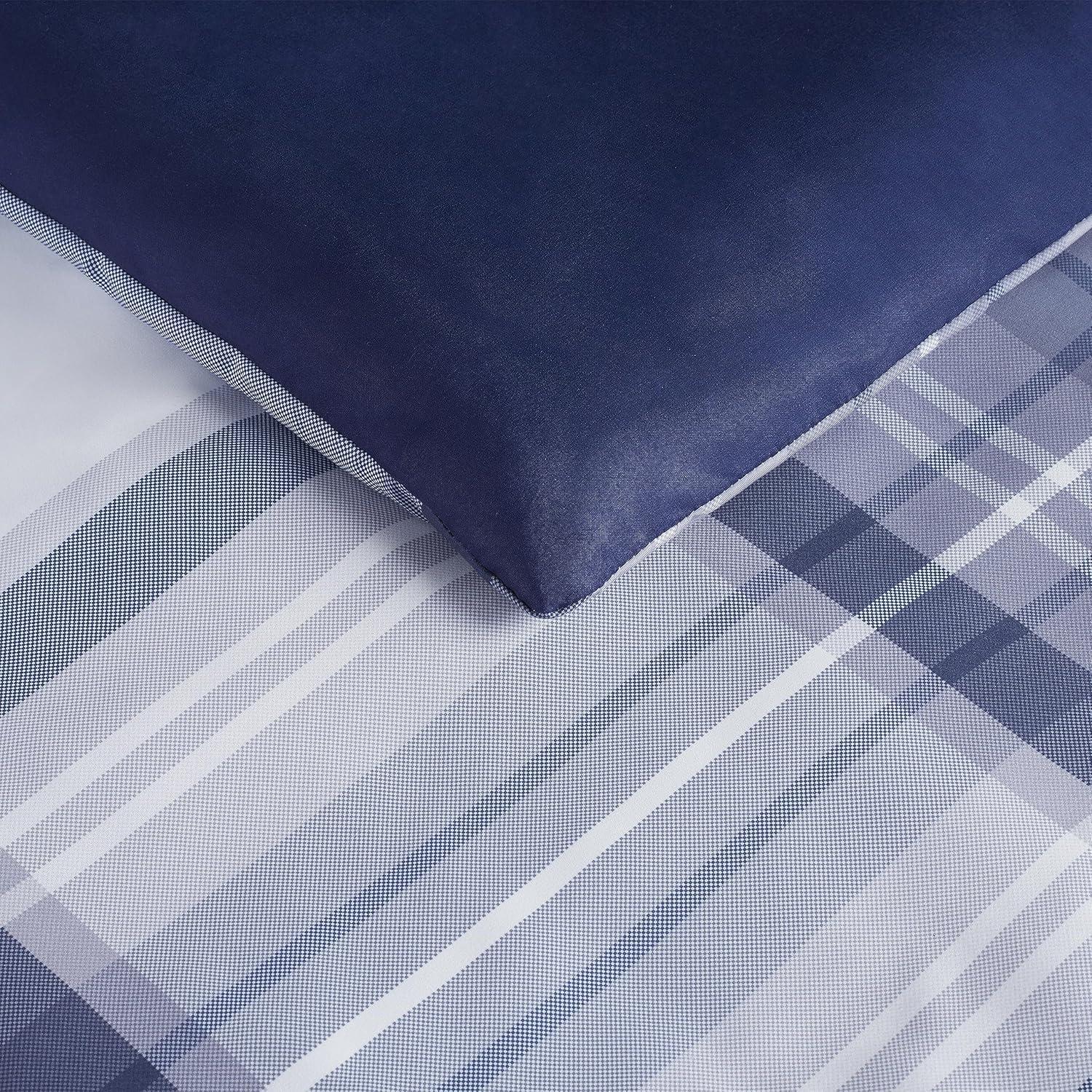 Serta Simply Clean Scott Soft 7 Piece Plaid Bed in A Bag Complete Bedding Comforter Set with Sheets and Pillow Case for All Season, Full, Blue